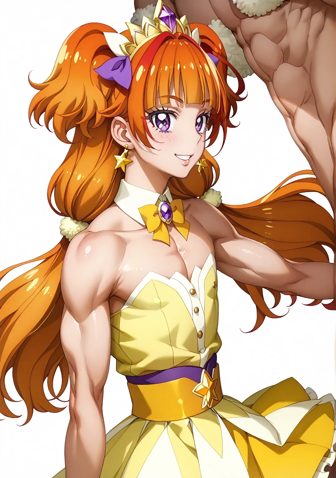 score 9 、score 8 up、score 7 up、source anime、傑作、Best quality、Best resolution、best image quality、anime coloring、anime screen shot、anime screencap、1boy、cure twinkle is a boy、(male:1.6)、official anime style、boy is wearing a yellow strapless dress、orange brown haired boy、official art、solo、long hair、orange hair、low tied long hair、multicolored hair、brown hair、two tone hair、gradient hair、streaked hair、blunt bangs、high short twintails hair、low two side up hair、quad tails、tiara、golden hair accessories、official art style、Jewelry brooch、muscular and strong、white boots、yellow mini dress、sexy、official anime artwork、thigh boots、strong muscles、yellow tutu skirt、purple bow、yellow bow、anime screencap、sparking magical boy、sexy atmosphere、purple puffy mini skirt、layered skirt、ultra mega super hyper sexy、purple puffy mini skirt underneath yellow tutu skirt、男性的で筋肉質、official artwork、anime prince、purple eyes、official anime artwork、muscular man、wrist cuffs、purple bow tie、orange belt、collarbone、trapezius、covered midriff、covered abs、covered navel、 covered stomach、upper pectoralis major、covered pectoralis major、biceps、biceps long head、biceps short head、triceps、triceps medial head、triceps lateral head、triceps long head、deltoids、anterior deltoids、middle deltoids、posterior deltoids、thigh muscles、semitendinosus muscles、covered hamstrings、covered adductor magnus muscles、official anime art、bare shoulders、bare arms、bare bare thighs、anime lewd boy、anime sexy boy、anime bratty boy、anime provocative boy、(manly:1.6)、yellow strapless dress、sexy boy、cool boy、adult boy、lewd boy、bratty boy、provocative boy、white thigh high boots、naughty smile、lewd smile、provocative smile、bratty smile、sexy male、heavenly aura、galaxy aura、lewd male、perfect body、perfect hands、perfect arms、perfect legs、male focus、looking at viewer、cure twinkle outfit、solo focus、cowboy shot、(male body:1.6)、official style、(manly face:1.6)、official art、orange background、purple background、gradient background、two tone background、multicolored background、