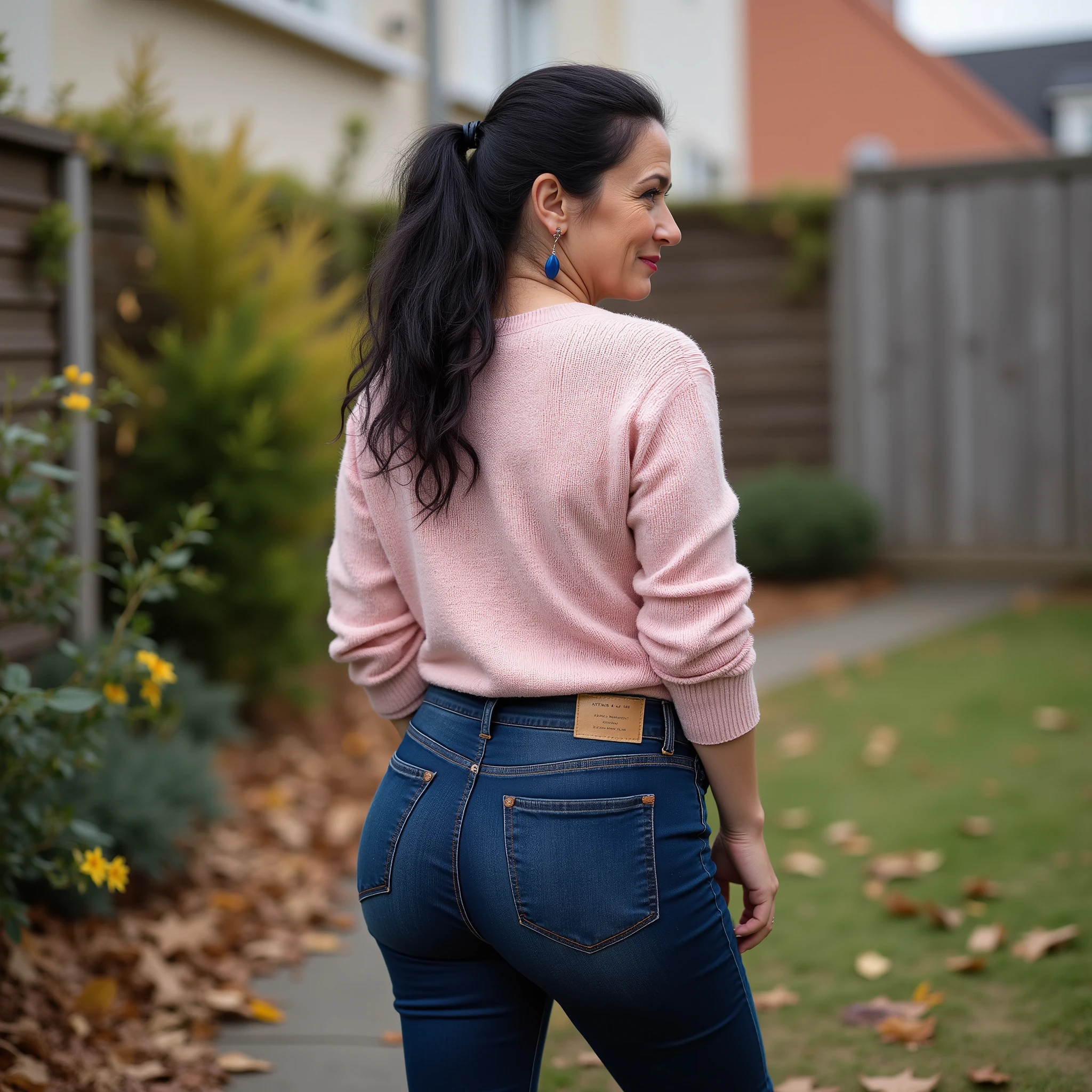 Photorealistic full-body true rear portrait of a mature European woman, mom vibes, shot straight from behind. Long dark wavy hair loosely pinned back with a dark blue claw clip, glancing over her shoulder with graceful mature beauty. Wearing ultra-skinny dark blue jeans with a second-skin fit, thin and stretchy with elastane, accentuating her wide hips, wide pear-shaped buttocks, and slim waist. Hourglass body shape, Paired with a pale pastel rose form-fitting knit sweater, tucked slightly into the waistband to highlight her curves. Standing in a quiet, secluded backyard area. Soft blurred background enhances focus on the woman. Captured in overcast autumn daylight, cinematic and ultra-detailed, realistic 8k photography style.