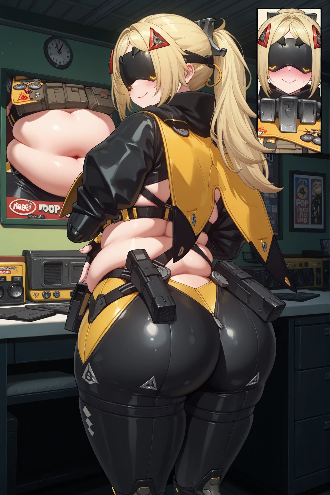 Watercolor painting,Perfect hand,masterpiece, best quality,very aesthetic, BREAK,(solo) (Trigger, blonde hair, hair ornaments, ponytail, metal blindfold, black blindfold, color lower-blindfold leds)(combat-suit, yellow and black combat-suit, black sleeves, midriff, navel, fingerless gloves, yellow and black wing cape, black pants, knee braces, black boots)(standing, looking back at viewer,nervous smile, blushing, , back to viewer, close up)(chubby, , thick thighs, belly fat, big , fat , soft ), BREAK (inside bedroom, spacious room, pop art deco)(cinematic lighting),