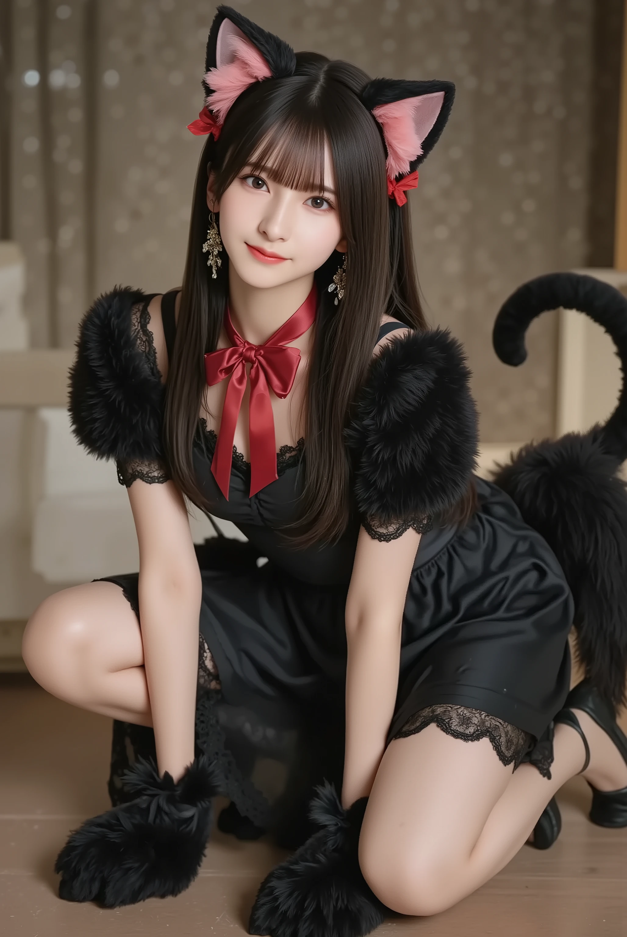 smile:1.2, lips gently closed, tiny mouth-corner lift, slight eye-squint (smiling eyes), relaxed jaw, natural micro-asymmetry,

20-year-old woman, anime-real hybrid, POV shot (first-person), both fluffy cat-paw gloves reaching toward the camera (light perspective foreshortening, foreground hands slightly out of focus), playful inviting expression, direct eye contact, gentle smile. Long straight black hair with soft bangs, cat ear headband, fluffy black choker with ribbon bow, black lace lingerie set with satin bows, garter belt and thigh-highs, cat tail. Kneeling on white bed in a cozy hotel room, soft warm ambient light, shallow depth of field, cinematic look, well-formed hands, correct finger count, natural neck proportion, relaxed shoulders, high quality, sharp focus on face and eyes.
