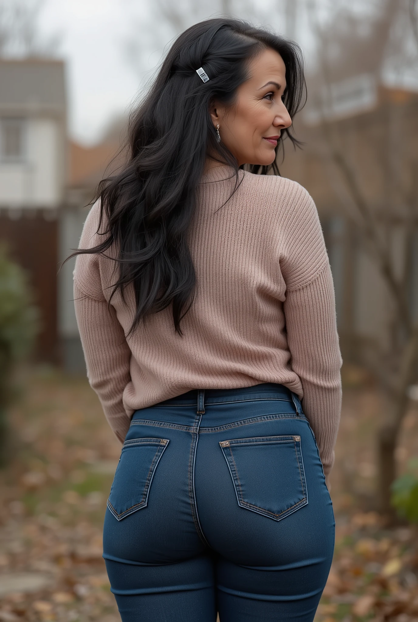 Photorealistic full-body true rear portrait of a mature European woman, mom vibes, shot straight from behind. Long dark wavy hair loosely pinned back with a dark blue claw clip, glancing over her shoulder with graceful mature beauty. Wearing ultra-skinny dark blue jeans with a second-skin fit, thin and stretchy with elastane, accentuating her wide hips, wide pear-shaped buttocks, and slim waist. Hourglass body shape, Paired with a pale pastel rose form-fitting knit sweater, tucked slightly into the waistband to highlight her curves. Standing in a quiet, secluded backyard area. Soft blurred background enhances focus on the woman. Captured in overcast autumn daylight, cinematic and ultra-detailed, realistic 8k photography style.