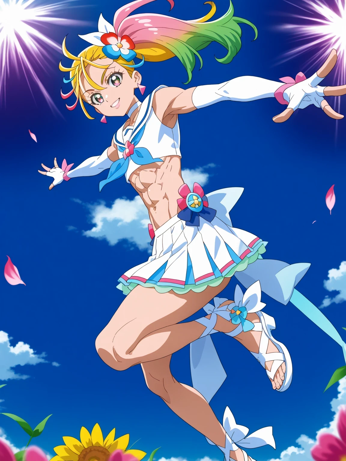 score 9 , score 8 up, score 7 up, source anime, masterpiece, Best quality, Best resolution, best image quality, anime coloring, anime screenshot, anime screencap, 1boy, cure summer is a boy warrior, long haired anime boy, 美しい天の魔道士, flower, jewelry, hair ornament, sea warrior, sunshine aura, heavenly aura, sea aura, solo, former girl, long blonde haired boy, high side ponytail hair, multicolored hair, two tone hair, streaked hair, gradient hair, pink hair, eyelashes, thick eyebrows, hair flip, zodiac boy knight, flower hair ornament, sparking magical boy, royal elegant pose, anime boy is wearing a white crop top dress, anime boy is wearing a Belly button outfit, anime prince, white arm warmers, white gloves, white sandals, white detached sleeves, elbow gloves, white choker, fingerless gloves, sailor collar with an pink, neckerchief with an pink, lips, triangle earrings, white mini skirt, 彼の周りの魔法のオーラ, green frills underneath white mini skirt, Portrait of a Zodiac boy Knight, boyish taste, cure summer outfit, 魔法の光沢のある肌, tom boy style, a cheerful smile, slender body, day time!!, male focus, looking at viewer, solo focus, cowboy shot, bare shoulders, bare arms, bare legs,midriff, navel, abs, covered pectoralis major, stomach, biceps, biceps long head, biceps short head, triceps, deltoids, thigh muscles, hamstrings, adductor magnus muscles, separate outfit, battle outfit, (manly:1.5), crossdressing, (male body:1.5), femboy, (manly face:1.5), bulge medium underneath outfit,