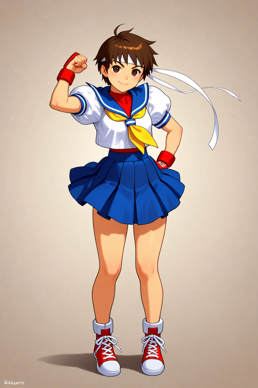 1girl,kasugano sakura,solo,school uniform,brown hair,serafuku,headband,brown eyes,skirt,blue sailor collar,sailor collar,short hair,gloves,midriff,fingerless gloves,sneakers,shoes,
<lora:Kinu Nishimura_illustriousXL:1.5>,