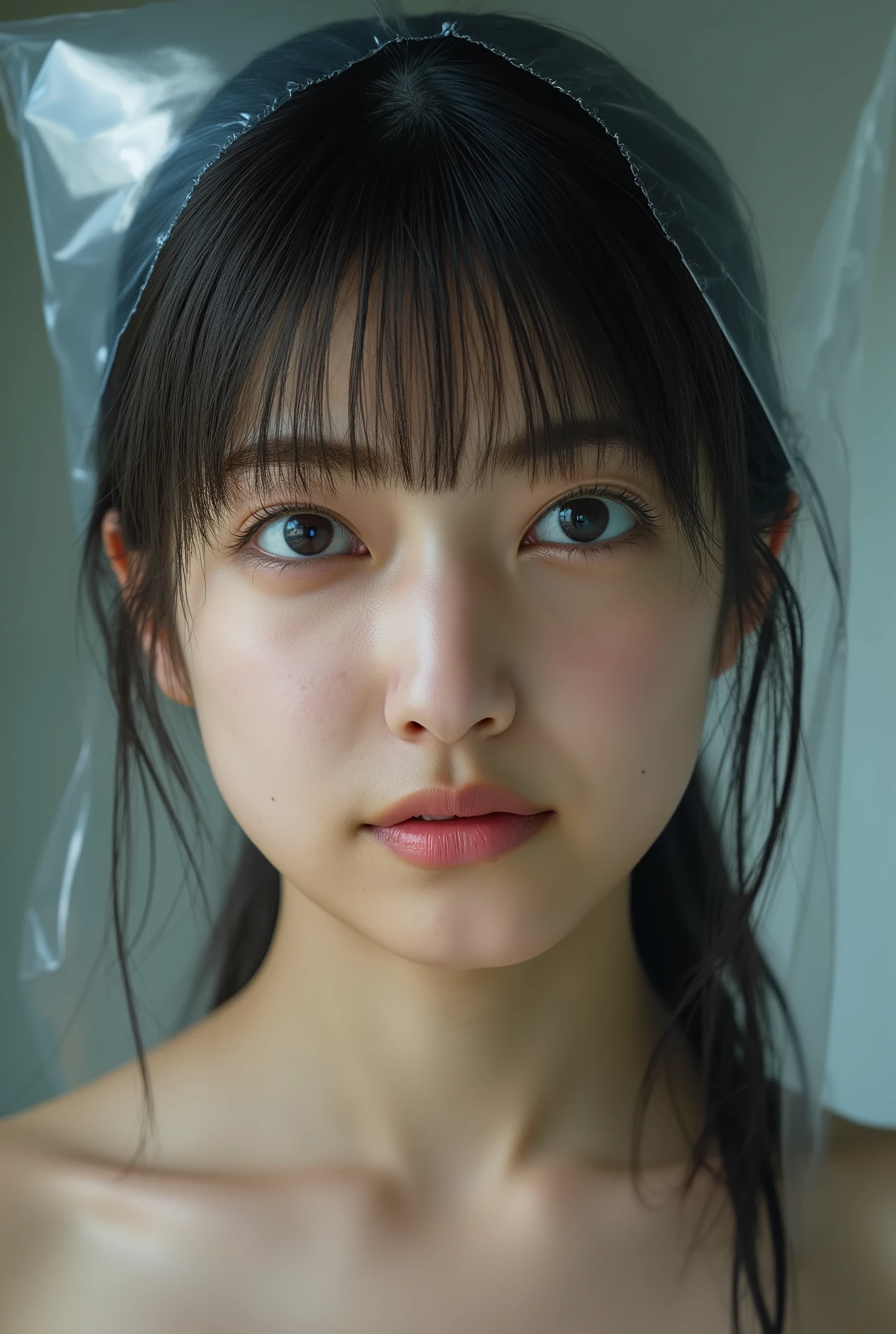 score_9, score_8_up, score_7_up, score_6_up, score_5_up, score_4_up, 8K Ultra HD, (Highest Quality: 1.4, Masterpiece, Super Resolution: 1.4, High Resolution RAW Color: 1.4, Unparalleled Detail, Anatomical Accuracy: 1.5, Even Lighting, Hard Sheen). , (This image depicts a Japanese woman: 1.5). Beautiful woman, ((Her collarbone to head is in the frame)). (((Front View: 1.5))). She is looking at my head. Well-balanced placement. ((Her head is vacuum-packed in a colorless, transparent polyethylene bag: 1.5)). (The polyethylene reflects light, clearly showing the shadows on her face: 1.5). (Super oily skin: 1.5, her skin has a strong sheen due to sebum, with realistic reflections and a moist sheen). A tiny micro that only covers her ). ((Pale skin, fleshy, prominent cheekbones: 1.5, thick under-eye bags, pronounced dimples)), (Very slim figure: 1.4, slender waist, thin : 1.3, small face, model-like figure: 1.3). ((Delicate depiction of pores: 1.5)), (((Long, wet hair: 1.3, light black hair with bangs: 1.5))). A damp underground prison. (((Accurate : 1.5, Correct Structure: 1.5, Carefully drawn hand, all five fingers accurately depicted))). --No text.
