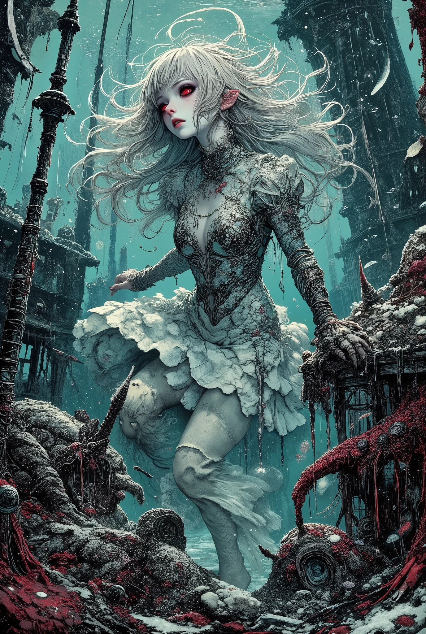A young mermaid with porcelain skin and platinum-colored hair flowing like moonlight floats in the water column. Her tail, shimmering with mother-of-pearl, and her wonderful tunic dress seem to be woven by the depths of the sea itself: they resemble a bizarre colony of jellyfish, sea foam and living streams, shimmering with all shades of turquoise, aquamarine and snow-white foam. The form-fitting bodice seamlessly merges into a flowing train that wriggles and dissolves in the water, creating a complete fusion of the dancer with the world around her.

She dances a slow, melancholic dance among the wrecks of sunken ships. Their blackened masts and sides, overgrown with coral and algae, stand out from the gloom like ghosts of the past. The mermaid's gaze is sad and detached, she looks into the distance, through time and the memory of the ocean. The soft, mysterious light breaking through from the surface catches her fragile features and makes her outfit shimmer, as if it were the very soul of the sea.

The deep blue color of the water, dotted with the debris of past battles and hopes, creates a phantasmagorical and sad atmosphere at the same time. The thickets of red and emerald algae that have entangled the ships serve as a living, breathing frame for this surreal spectacle, where the line between fantasy, longing and the eternal force of nature is completely blurred.