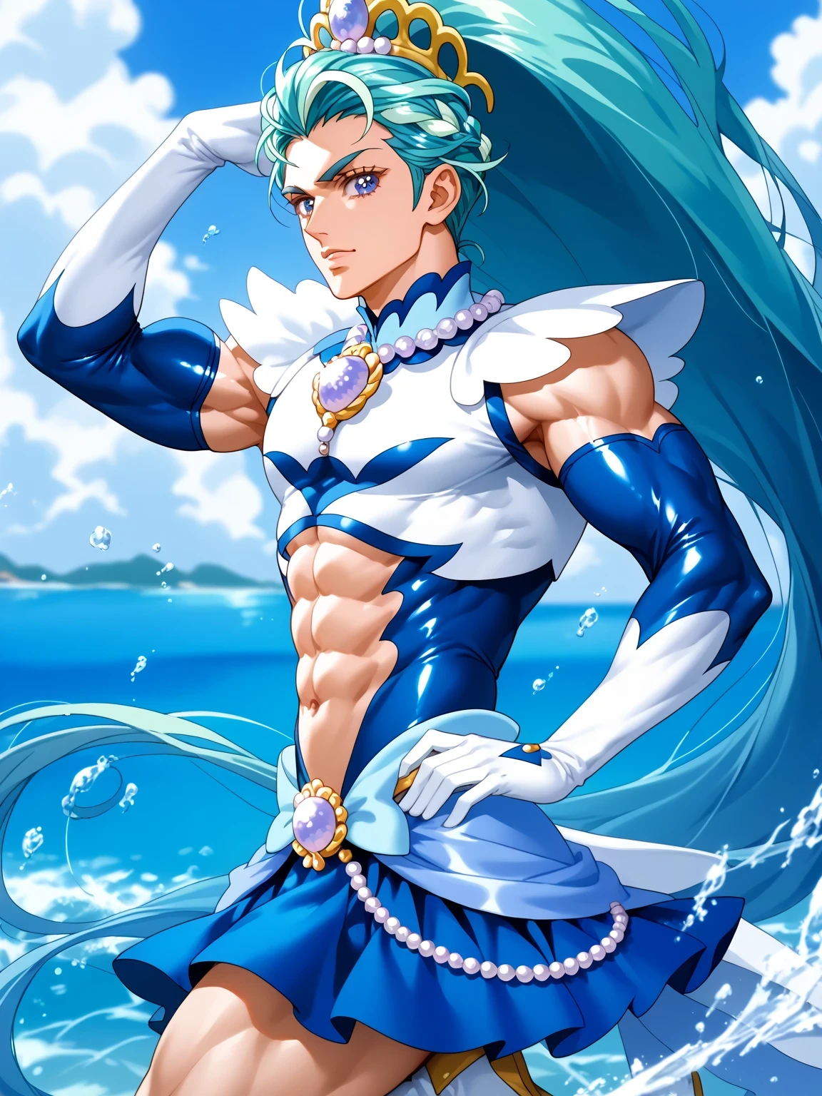 score 9 , score 8 up, score 7 up, source anime, masterpiece, Best quality, Best resolution, best image quality, anime coloring, anime screenshot, anime screencap, official style, 1man, cure mermaid is a male, cyan haired man, man warrior, seashell, pearl, jewelry, hair ornament, sea warrior, the aqua aura, the sea aura, solo, long cyan hair man, high ponytail hair, multicolored hair, two tone hair, streaked hair, gradient hair, purple bangs, braided bangs, eyelashes, thick eyebrows, hair flip, juicy lips, shell crown, zodiac boy knight, shell hair ornament, muscular and strong, sparking magical man, royal elegant pose, flexible pose, anime man is wearing a royal blue crop top dress, anime man is wearing a Belly button outfit, anime prince, strong muscles, white arm warmers, white gloves, white knee boots, white detached sleeves, white high heels, white heel boots, crop top dress with an royal blue, cure mermaid outfit, royal blue mini skirt, royal blue flared skirt, layered skirt, white shoulder pads, white collar, 男性的で筋肉質, chunky muscles, Portrait of a Zodiac man Knight, strong man, official art, latex material outfit, slender waist, beautiful man, royal blue latex, cobalt blue latex, two tone latex, multicolored latex, cure mermaid outfit, male focus, looking at viewer, solo focus, cowboy shot, bare shoulders, bare thighs, tall man, midriff, navel, abdominal muscles, covered pectoralis major, flat chest, stomach, covered biceps, covered biceps long head, covered biceps short head, covered triceps, covered triceps medial head, covered triceps lateral head, covered triceps long head, brachioradialis, covered trapezius, deltoids, anterior deltoids, middle deltoids, posterior deltoids, covered gluteus, covered semitendinosus, covered hamstrings, covered adductor magnus muscles, thigh muscles, muscular man, separate outfit, battle outfit, (manly:1.9), crossdressing, (male body:1.9), femboy, (manly face:1.9), bulge large underneath outfit,