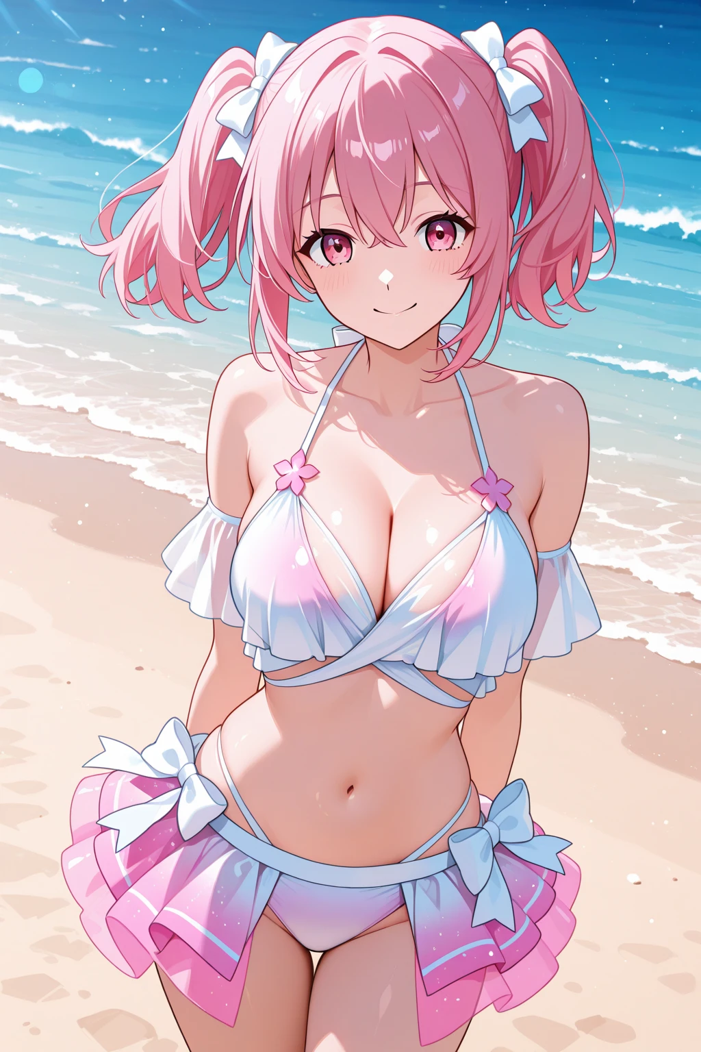 長い白い髪と青いドレスを着たanimeの女の子が写真のポーズをとる,最high quality, 最high quality, masterpiece, detailed outfit, Super detailed, ultra detailed, Highly detailed, Cinema Lighting, Perfect ???????, CG:1.9, ultra detailed:1.9, ultra-detailed:1.9, High resolutionolution:1.9, High resolution:1.9, Absurd:1.9, masterpiece:2, high quality:2, 最high quality:2,sauce_anime,Beautifully detailed face,Perfect hands、Perfect Fingers,Perfect lighting,View your viewers,smile,Human female,Beautiful attention to detail,(Kicking and splashing:1.3),clothing: ??????,Swimwear,is wearing a Swimwear,blue sky,anime - style scene of a beach with a tree and a bench,Beach Background,wariza/W sitting,seiza,barefoot