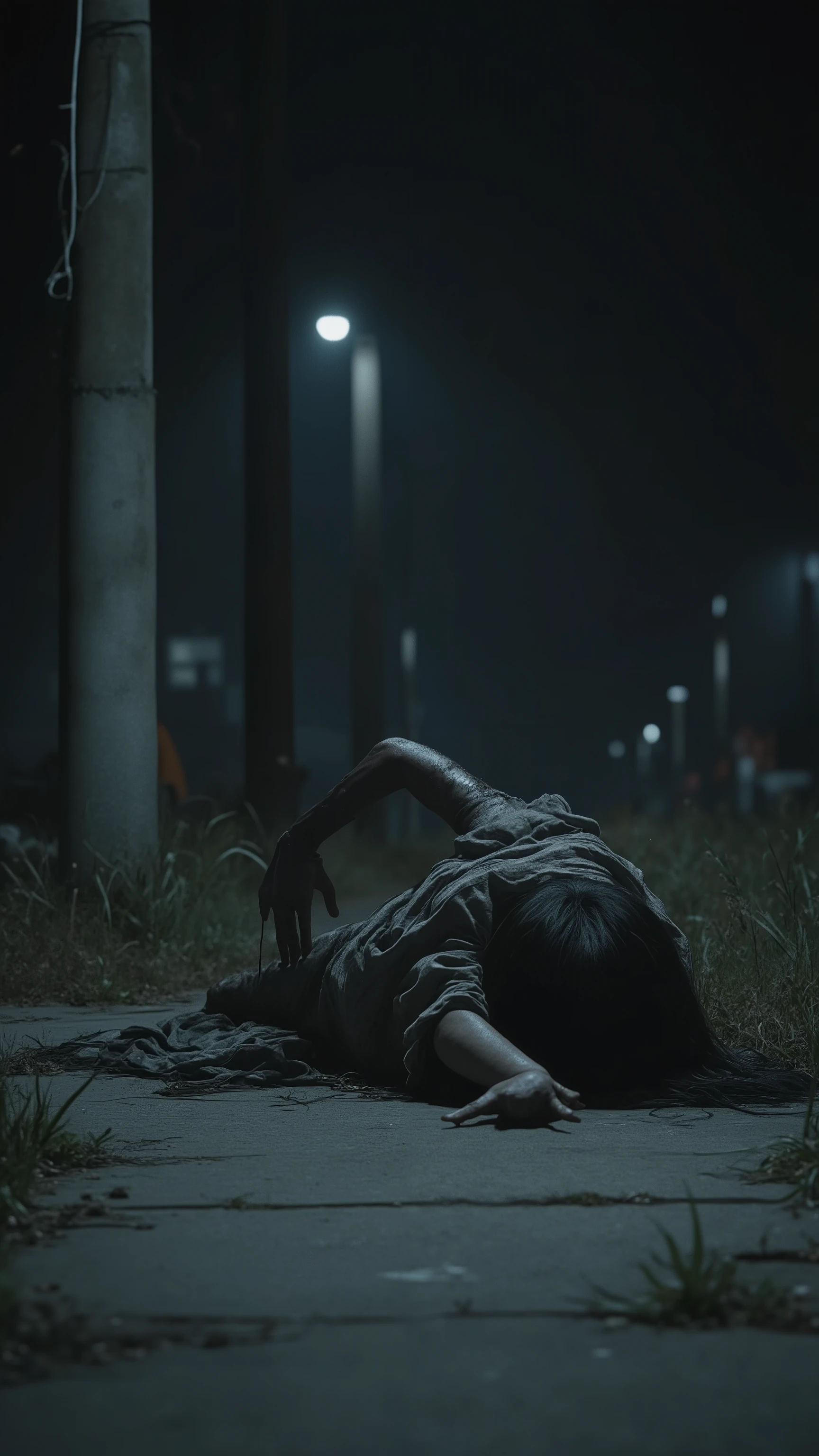 masterpiece、Highest Quality、high resolution、super detailed、8K、Picture,Shirogane Ratio、1 women,dingy gray dress,extremely disheveled black long hair,Extremely distorted face,Extremely thin,Tall,with the whole body lying face down on the ground,The joints of the whole body are bent in a々intricately curved,electric poles nearby, no one else on cold concrete,Only the gaze is looking at the camera,Late Night,Extremely dark with only dim spot lighting from utility poles