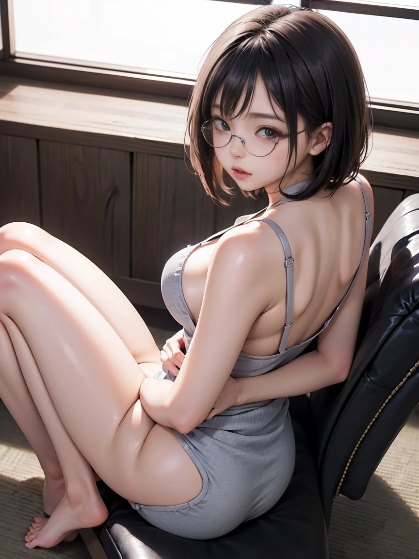 Anime style，best qarity，超高分辨率，tmasterpiece，1girll，Silver hair，Blue eyes，Pink one-piece high-slit swimsuit，Blush，shylily，In an unoccupied classroom，Frontal photo，Anatomically correct，Light Tracking（（siting on the chair，legs spread open））， bend the knees and open the legs，