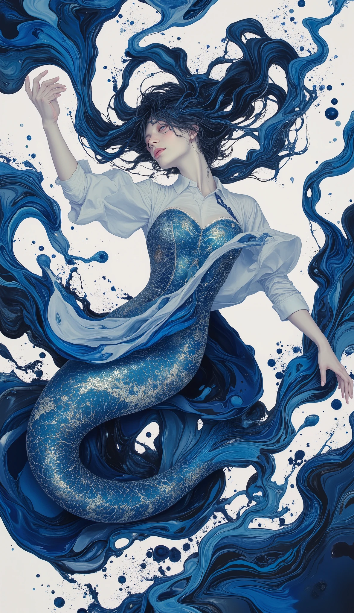CynthiaPortrait,(masterpiece),(Highest quality),(Super detailed),(Ultra-high resolution),(Best illustrations),8k
A surreal portrait, full body shot, Mermaid dancer, she's dancing with liquid forms, she controls the shapes of water, elegant, magic.
Color palette is blue, the painting evokes the grace of water.