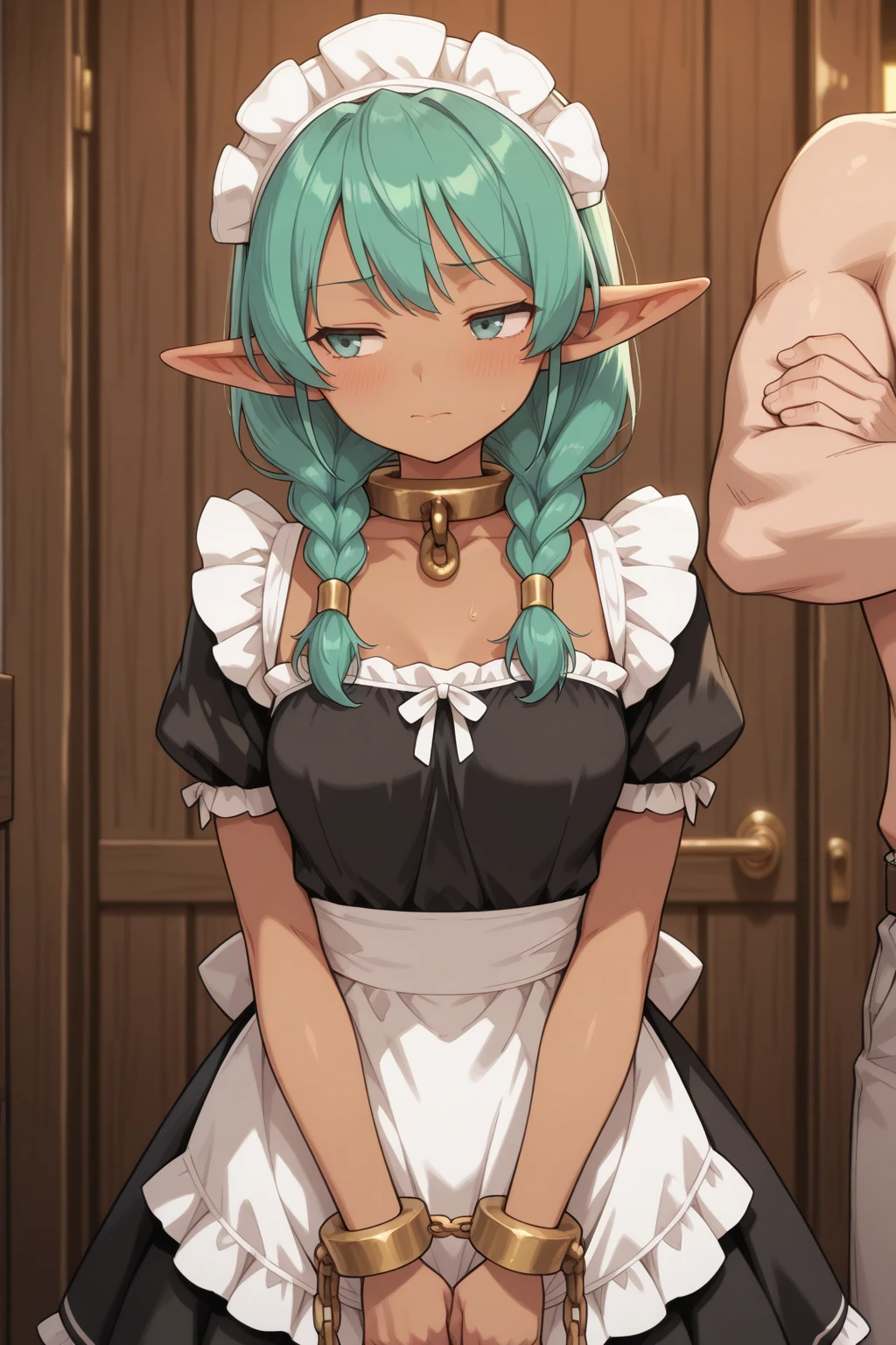 Elf Women Hanging above the Ground ??????? Suspended, Tied up, Piercings, ?????? Ring, Shy Impression, Blush, ???????, Chain ????????, Leather Harness, Hanging from the Ground, Sweaty, Living Room in Background, Long Green hair, Grown Women, Hands tied behind the back,