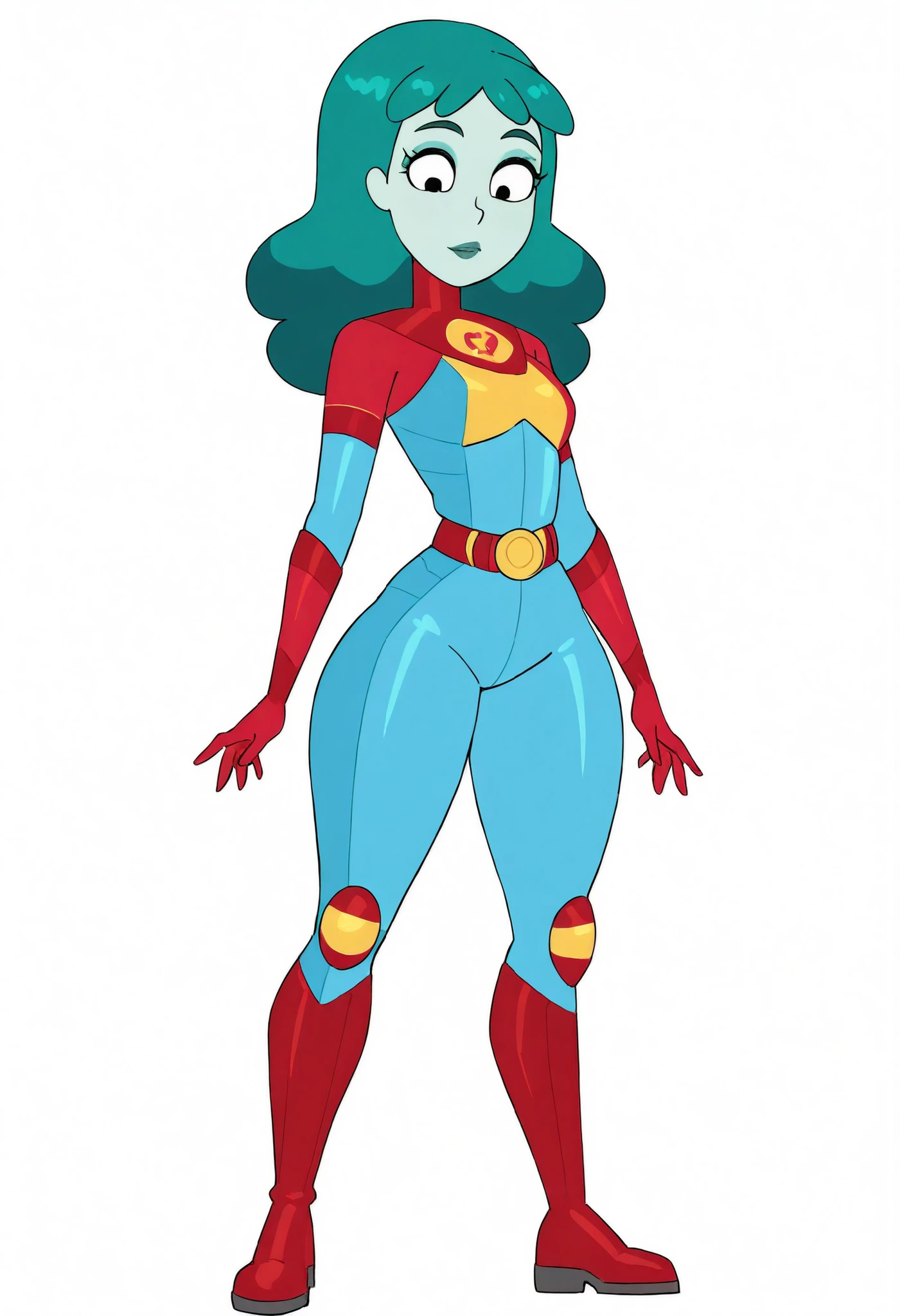 planetina, masterpiece, best quality, newest, absurdres, highres, 1girl, solo, colored skin, green hair, red gloves, blue skin, long hair, belt, red footwear, green lips, red footwear, superhero outfit, bodysuit, slimthick, black eyes, makeup, boots,