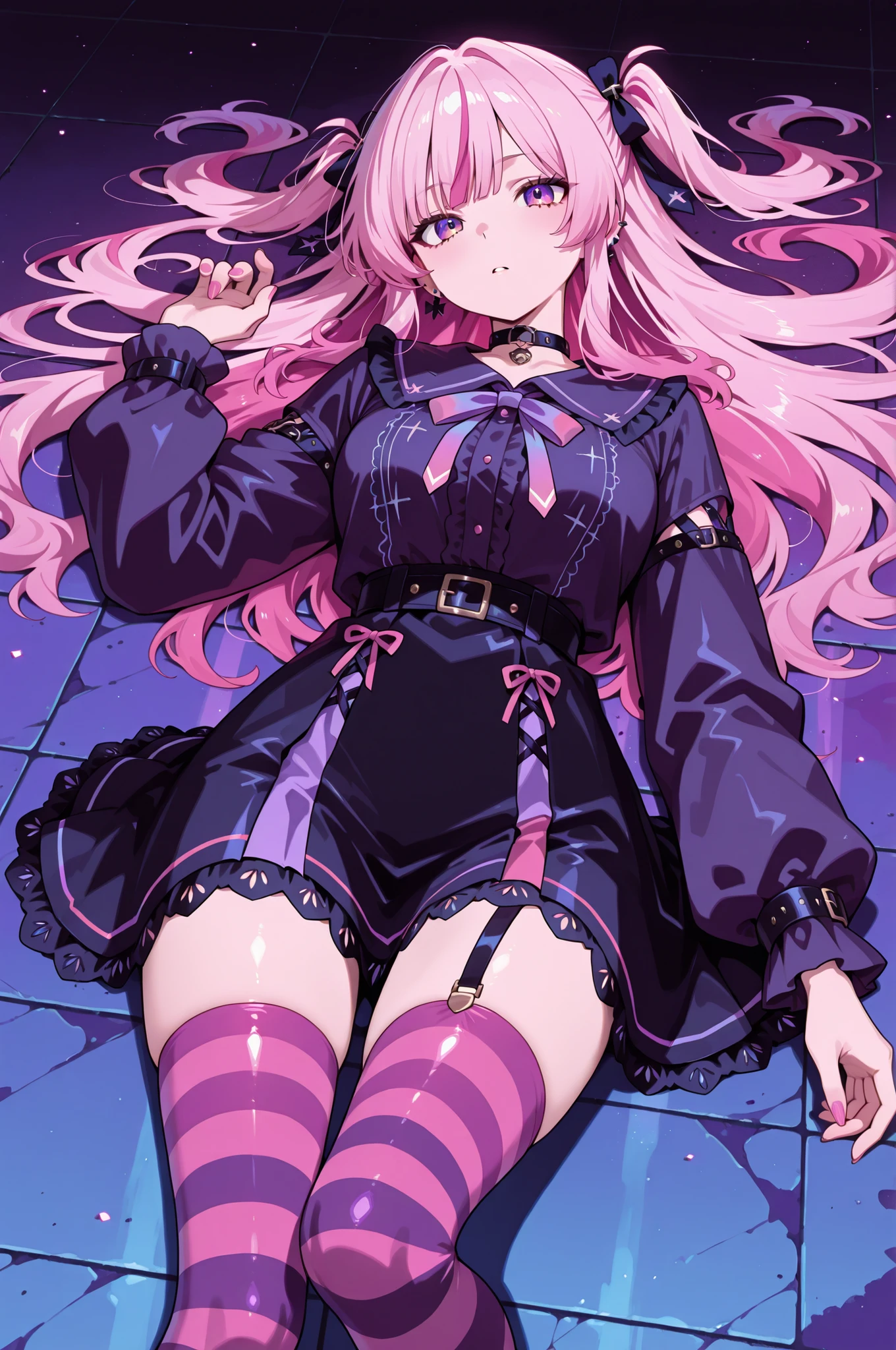 A girl with vibrant pink hair and dark-pink/purple striped stockings, lying down on a surface with swirling patterns,  in a stylized anime/manga aesthetic with bold lines, intense pinks and purples, and a slightly edgy, almost gothic-punk undertone.