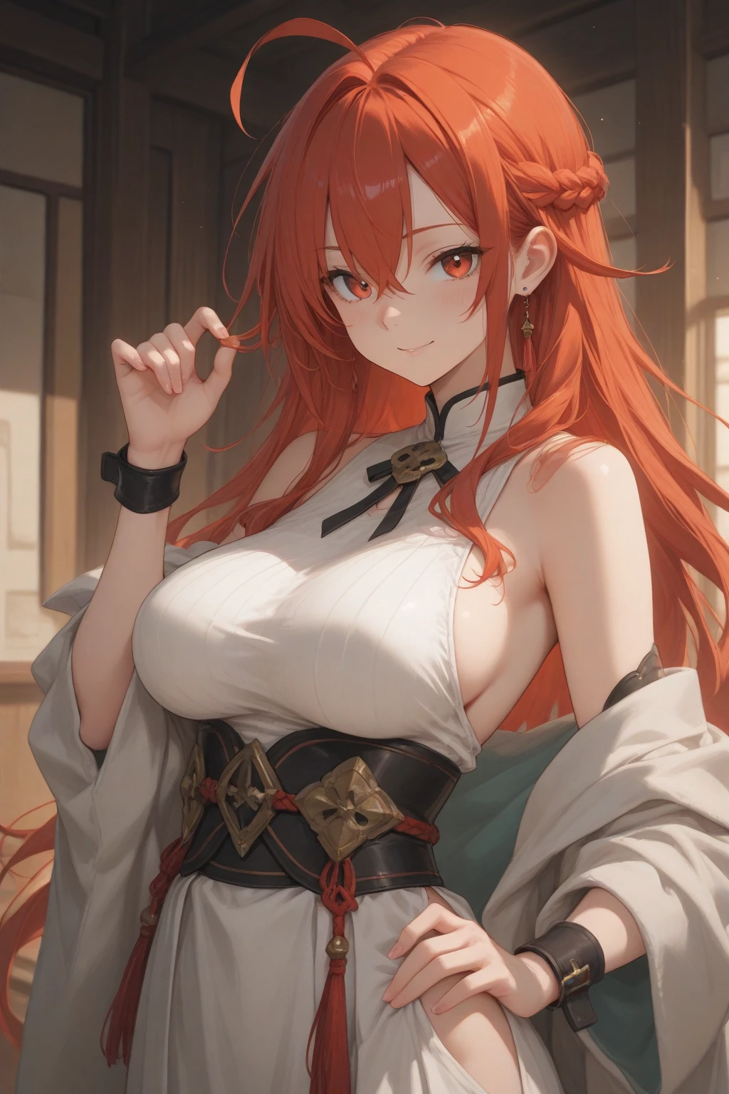 score_9, score_8_up, score_7_up, intricate details,
1girl, solo, long hair, looking at viewer, indoors, crossed arms, smile, detached sleeves, red hair, curtains, large breasts, yellow eyes, bare shoulders, closed mouth, white dress, long sleeves, upper body, dress, lamp, picture frame, blush, window, buttons, flower, sleeveless, sidelocks, hair between eyes, arms under breasts, tassel, lips, chair