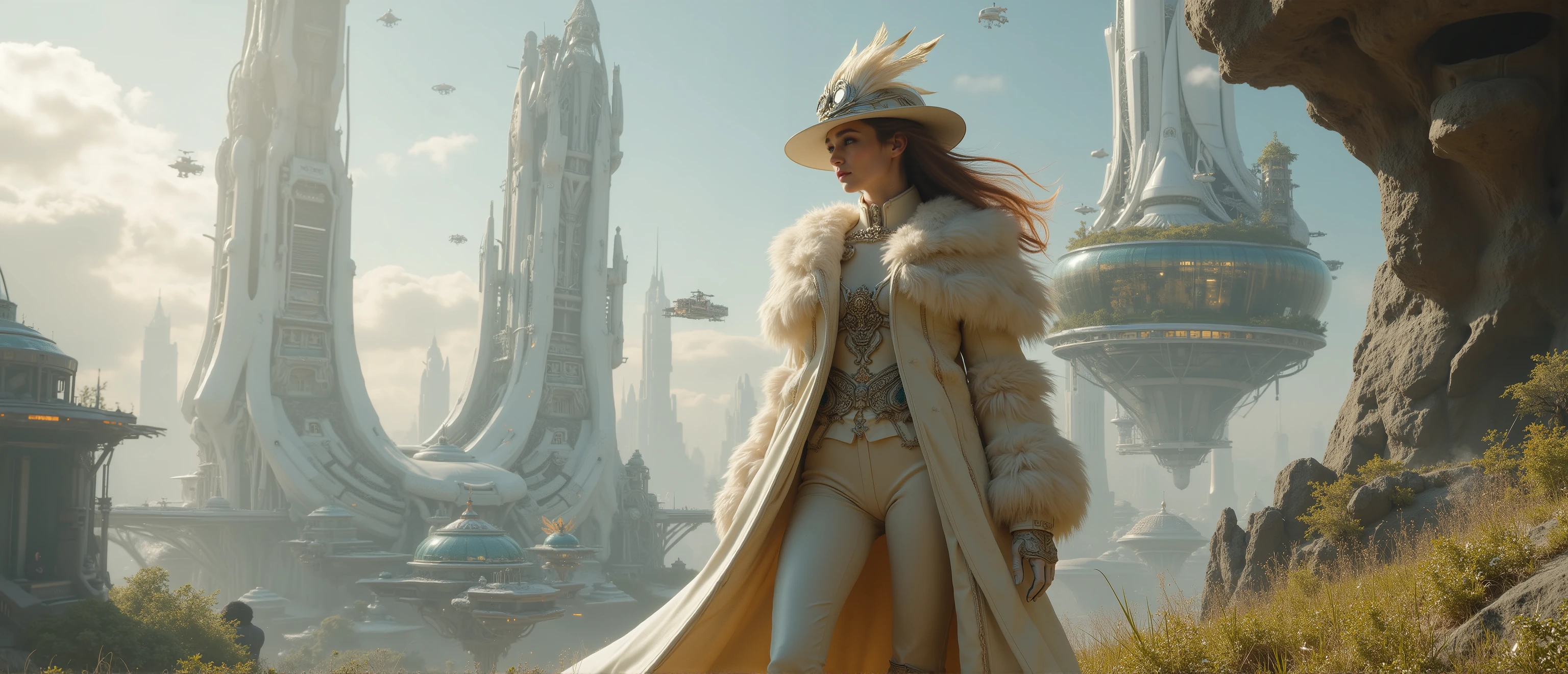 epic picture. quality 16 thousand, correct gravity, very dramatic setting,  Strong detail, super quality, the smallest details of all plans and characters, hyperrealist painting, 26th century, н, a well-known sector of planetary colonization, absolute photo quality, amazing sharpness and background painting, Model in a coat, inspired by the lush silhouette of an owl. coat worn underneath has a lush, round silhouette of owl feathers and a feather pattern, with fluffy feathers, wrapped around the chest. Upper part, pants, and boots , the, has a, matching the image of an owl. The hat is designed with a large feather decoration in the form of large owl eyebrows. An elegant winter outfit for lady.
in front, looking away , (Above: 0.6), (dutch corner: 1.2), cowboy shot,
wind, color scheme of flowing hair, looking away , midjourney_Whisper_to_Couture, , a well-known sector of planetary colonization, absolute photo quality, amazing sharpness and background painting, Create an image of a futuristic city with a glass and steel skyscraper. In the center of the building , floating in the air with almost invisible supporting structures, is futuristic glass a house with gardens and trees. toм должен иметь органичную и извилистую форму, with smooth curves and reflective surfaces. The surrounding city should be a mixture of futuristic snow-white skyscrapers and green spaces, shape with flying vehicles and drones, rushing across the sky. Sunlight should come , creating the effect of golden light and deep shadows. The image style should be a mixture of realism and fantasy, with precise details and realistic textures, high sharpness of all details and characters 