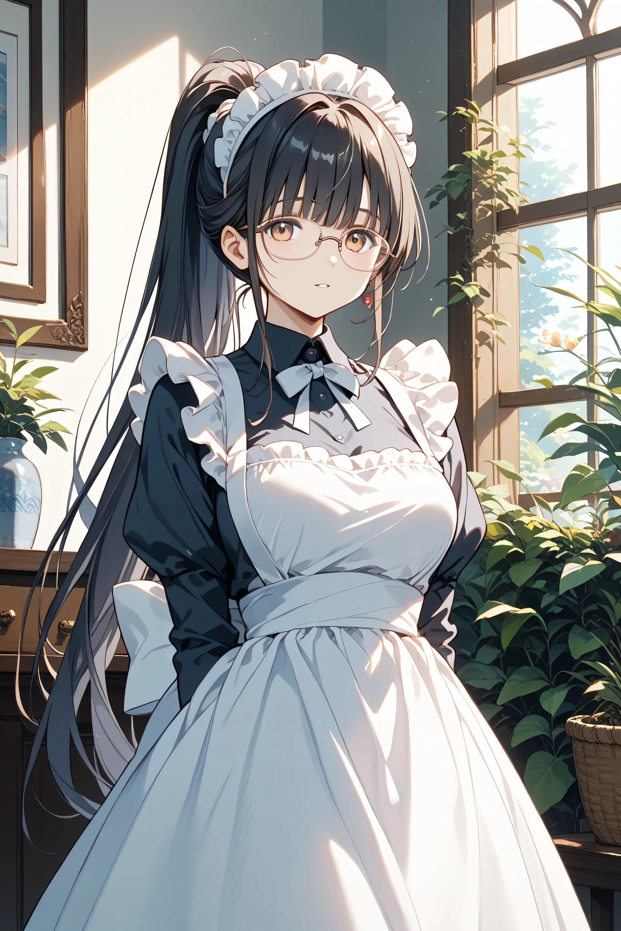 married woman、mature、Glasses、dark haired、ponytail、maid clothes、Maid Katyusha、masterpiece, Highest Quality, Amazing Quality,