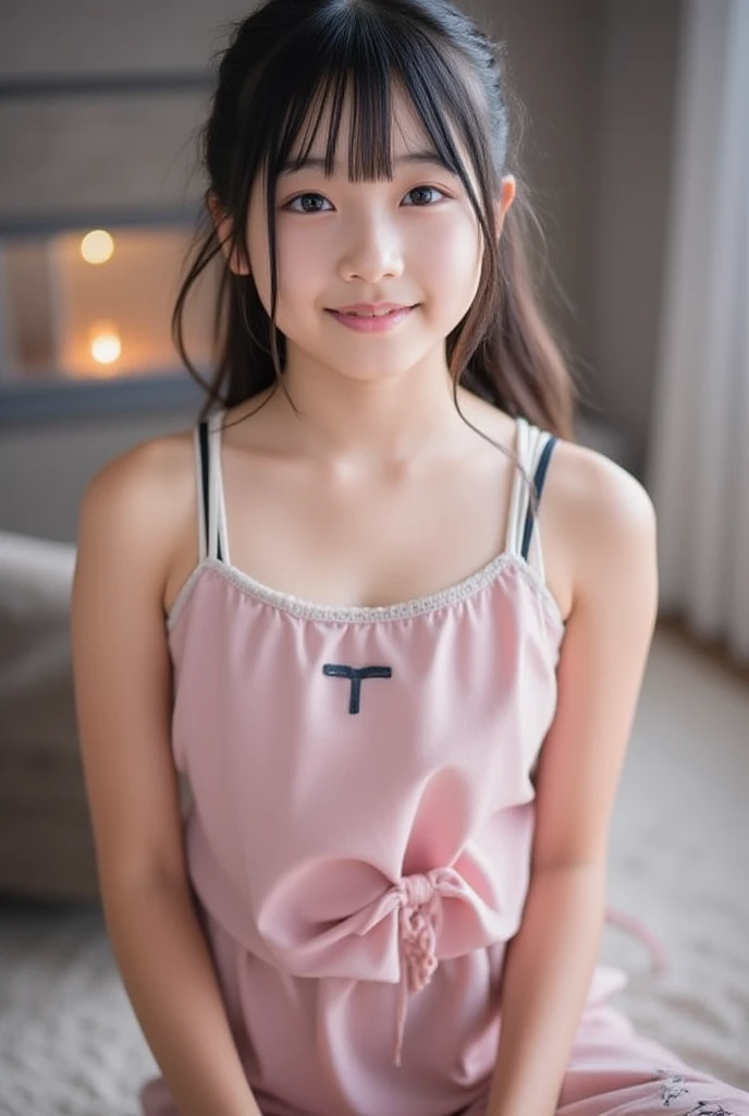 Japanese,6 years old,Baby Face、Ultra-flat chest、Ultra short height、An innocent smile、Flat Chestのクローズアップ、Flat Chest:1.85、cute,Primary school students,Pink  apron、So small and so young、On the bed:1.85、She gives me a good morning kiss:1.85、She spread her arms、Subjective