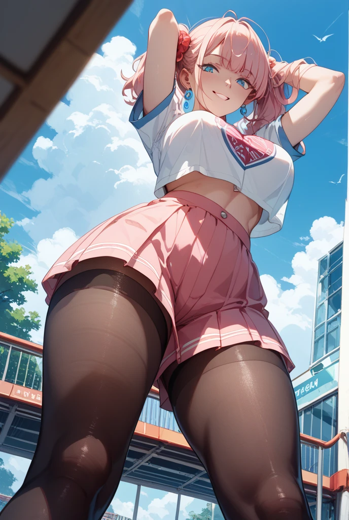 (masterpiece:1.3, top-quality, ultra high res, ultra detailed), (realistic, photorealistic:1.4), beautiful illustration, wearing knit sweater & miniskirt, (Flirtingly lifting her skirt to show her panties:1.3),perfect lighting, natural lighting, colorful, depth of fields, surrealism,  (embarrassed,blush:1.3),
beautiful detailed hair, beautiful detailed face, beautiful detailed eyes, beautiful clavicle, beautiful body, beautiful , beautiful thigh, beautiful legs, beautiful fingers, shiny skin, 
looking at viewer, 1 girl, japanese, high school girl, (perfect , anatomically correct, super detailed skin), cute and symmetrical face, babyface, perfect face, perfect eyes, 
(middle hair, two side up, pink hair), crossed bangs, purple eyes, drooping eyes, big eyes, long eyelashes, (, seductive thighs, ), slender, outstanding style, 
((detailed cloth texture, white collared shirt, blue pleated skirt, dark red neck ribbon), black thigh-highs, loafer), 
(beautiful scenery), late afternoon,hands on , (lovely smile, upper eyes, open mouth small),