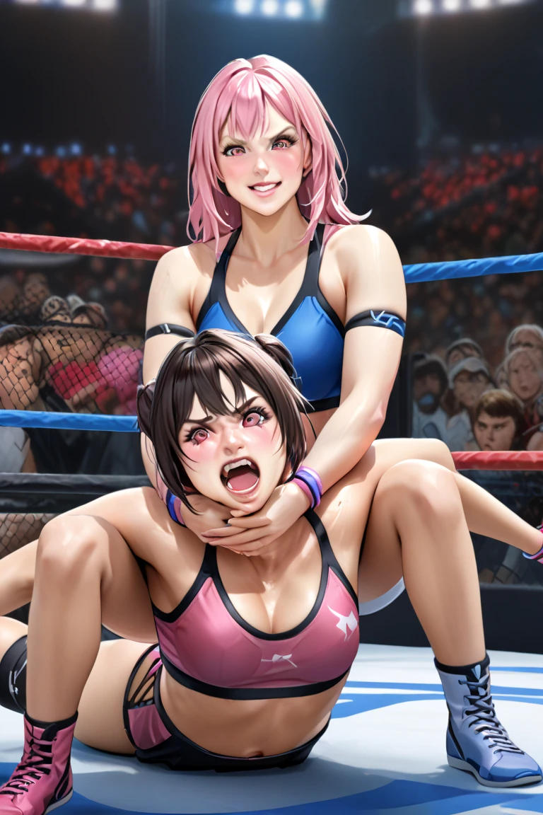 (8K, RAW photogr, Best quality at best, tmasterpiece:1.2), High Definition RAW Color Photography, professional photoshooting, (actual, Photographic realism:1.37), ((Best quality at best)), 1 girl in:1, Number 18, 电影灯光, ,Moody light, blue hour, (((perfect anatomia:1.10))), (The face is delicate and delicate:1.2), (tmasterpiece:1.5), (Best quality at best:1.2), looking at viewert, lipsticks, V-shaped eyebrows, V-shaped jaw,   faces, (The background is blurred out), glossy texture, Big wind:1.3, (Long hair in the wind:1.3), (eBlue eyes:1.It's a perfect face:1.4), (beautidful eyes), ((Skin glows:1.2)), (The skin is very smooth), (Sweaty skin:1), white skinned, elongated, small-nose, (Willow waist:1), (almond eyes:1), The smile is sharp and dazzling:1.2), (:1.3), Lop, through bangs,tilt of the head, Lean your body forward, light make-up, small, Wrestling ring, (( flash wrestling:1.attern  pure white wrestling uniform), (( Sophisticated white and pink wrestling uniform)), (Enamel leather wrestling boots), Thimble Leather Hand Fighting Posture, ((low angles)),