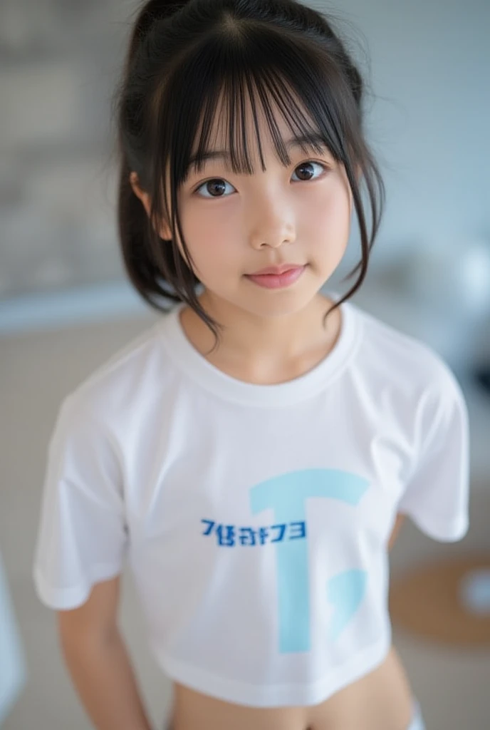 Japanese,Beautiful 6 years old,Baby Face、Upper body image、Ultra-flat chest:1.85、Ultra short height、An innocent smile、Flat Chestのクローズアップ、Flat Chest:1.85、cute,Primary school students,clavicle、Primary school studentsの私服、Summer clothes、So small and so young、On the bed:1.85、She has her arms open wide waiting for a hug:1.85、Big frilly ribbon:1.85、