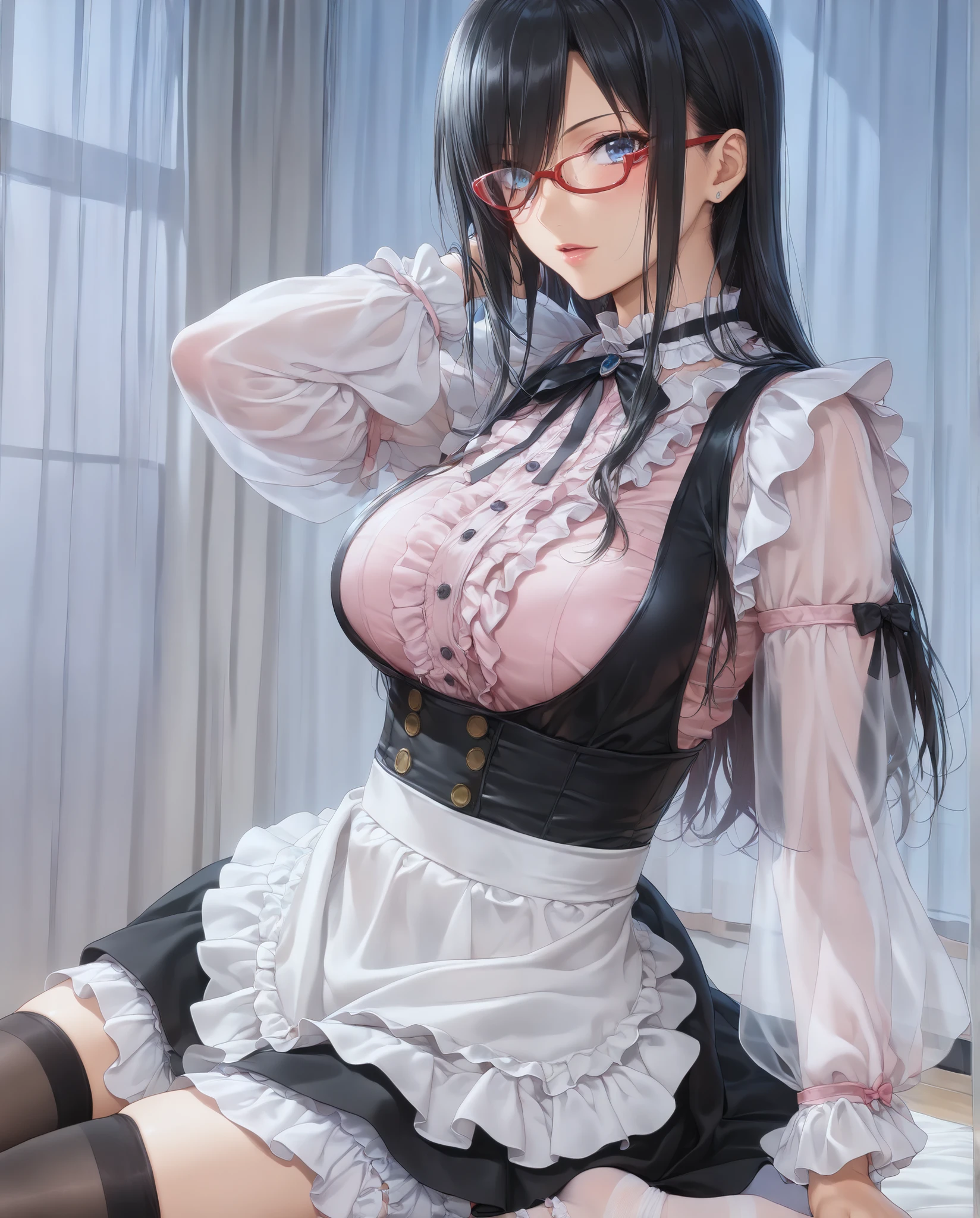 ((inspired by )),((inspired by Animation Style:1.5)),(masterpiece, best quality),beautiful, beautiful-woman, ((detailed face)).(full body:1.3).,
((black hair)), glasses, blue eyes, long hair, over-rim eye-wear,semi-rimless eye-wear, between eyes .(red-framed glasses:1.2),
,
1-woman.
((The woman is wearing jirai-kei fashion)),pink frilled shirt with short puff sleeves, black neck ribbon,and high waist skirt with black frilled see-through knee-highs-socks ,(platform footwear). ,((jirai-kei:1.5)), pink shirt, black skirt, twin-tail, ((frilled see-through socks:1.2)),large breast