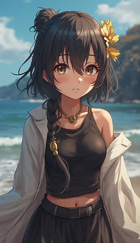 (8K、Highest quality、Highest quality、masterpiece)、Detailed face、One Girl、(Brown Skin:1.2)、Long Hair、Yellow Eyes、Grin、(Black tank top、Spread  under shorts、Spread  under shorts)、 view、Beach、cloud、、Spread 、spread 、、