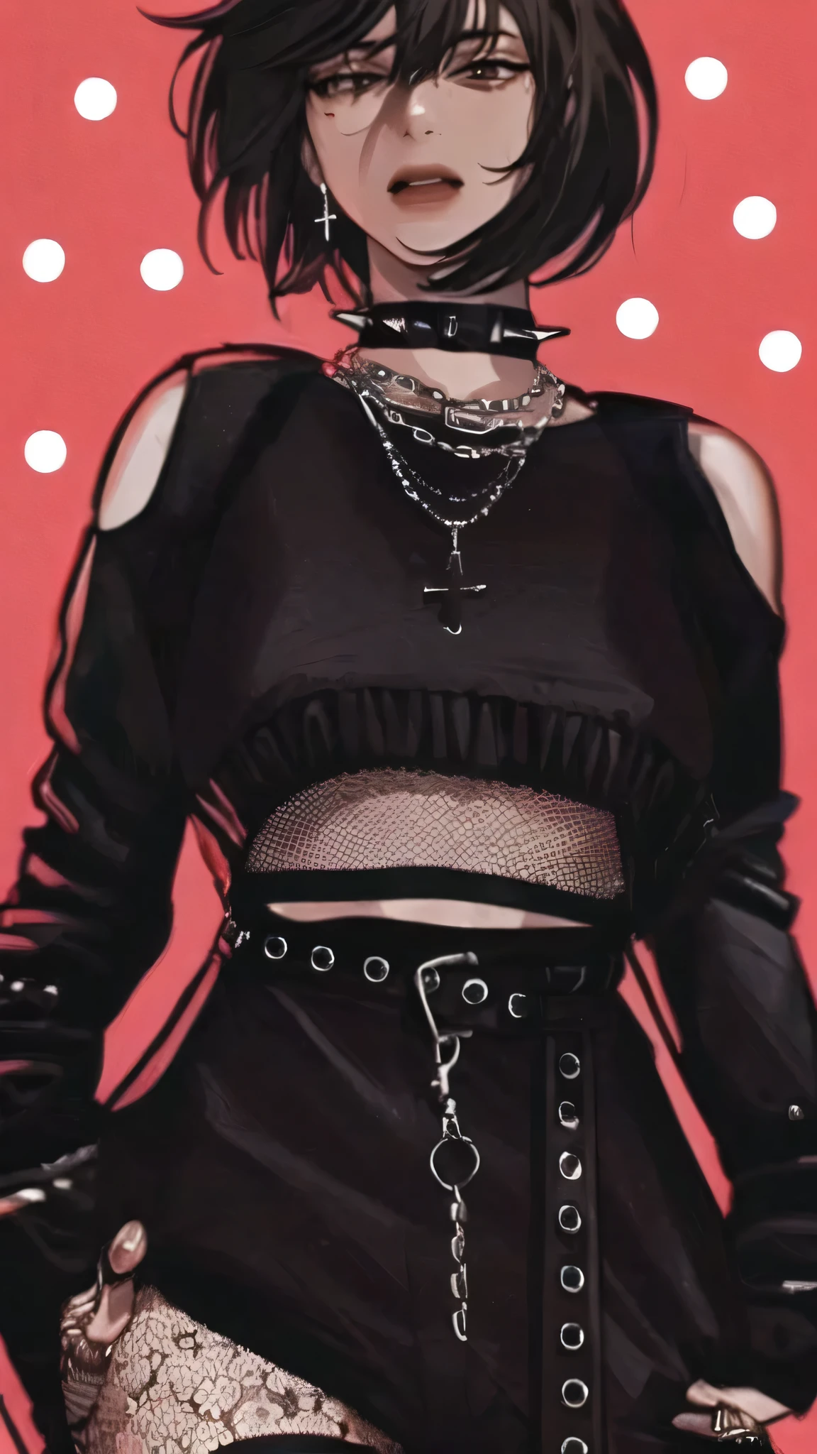 (masterpiece, best quality:1.2), intricate details, han sooyoung, 1girl, necklace, bangs, leather jacket, long sleeves, thighhighs, solo