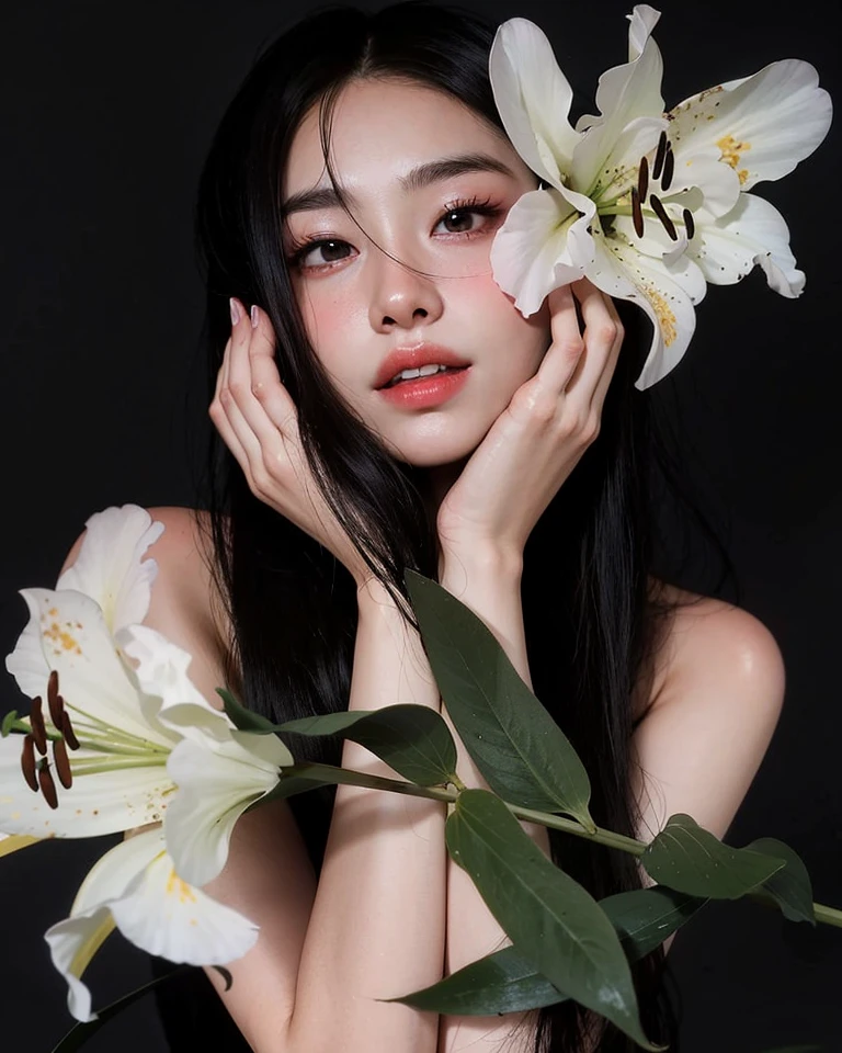 (oil painting:1.5), a woman with long black hair and white flowers in her hair is laying down in a field of white flowers, (amy sol:0.248), (stanley artgerm lau:0.106), (a detailed painting:0.353), (gothic art:0.106)