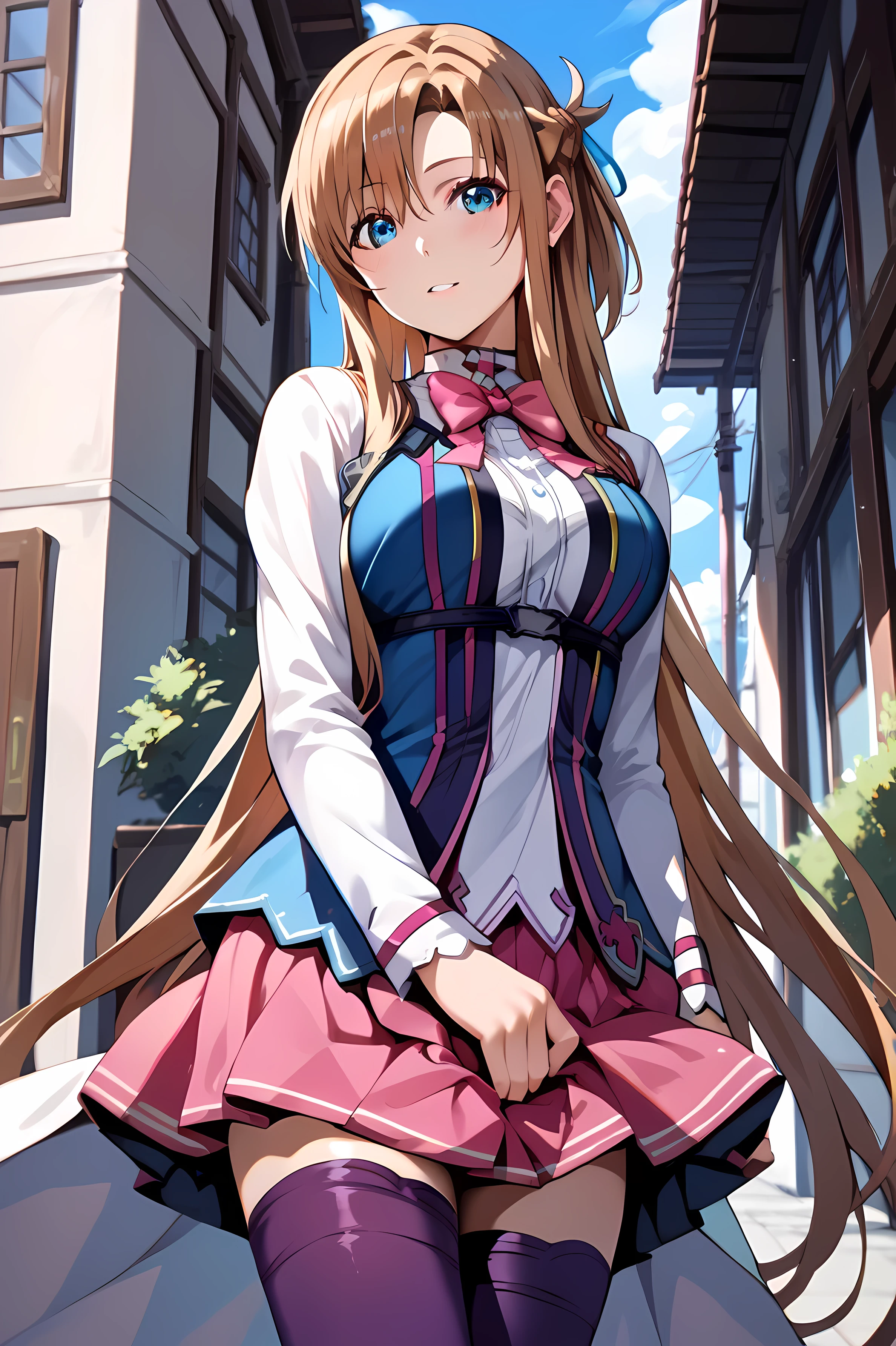 asuna (SAO - AIO),1 girl,brown hair, blue eyes. long hair, half up French braid, beautiful faces, perfect hands, BIG BREASTS, Rose Hair Ornaments, EVOL_Mikono uniform, pink bow tie, long sleeves, Shirt skirt, purple thigh, thigh length, walk, Akiba Street, from the front, staring at the viewer, masterpiece, 4K, Highest Quality, high resolution