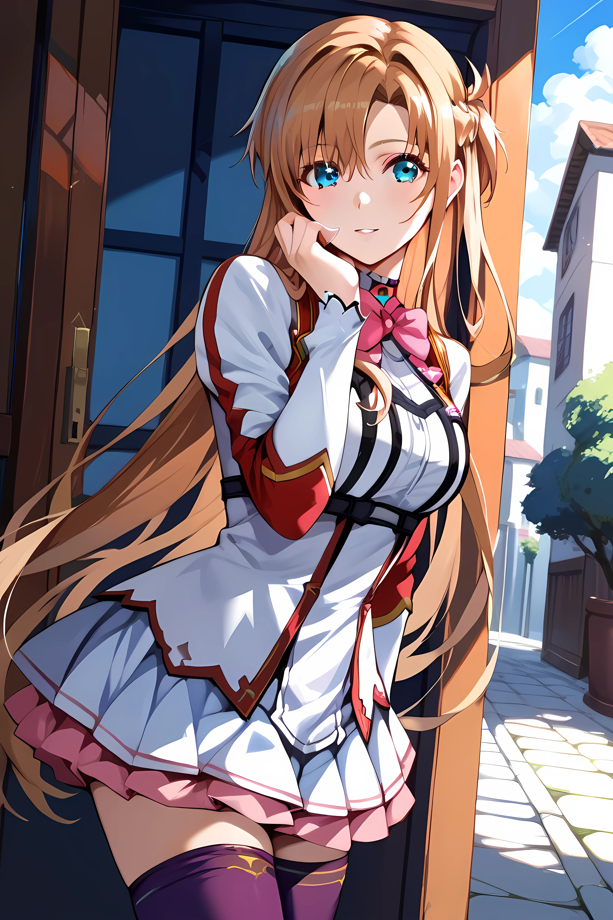 asuna (SAO - AIO),1 girl,brown hair, blue eyes. long hair, half up French braid, beautiful faces, perfect hands, BIG BREASTS, Rose Hair Ornaments, EVOL_Mikono uniform, pink bow tie, long sleeves, Shirt skirt, purple thigh, thigh length, walk, Akiba Street, from the front, staring at the viewer, masterpiece, 4K, Highest Quality, high resolution