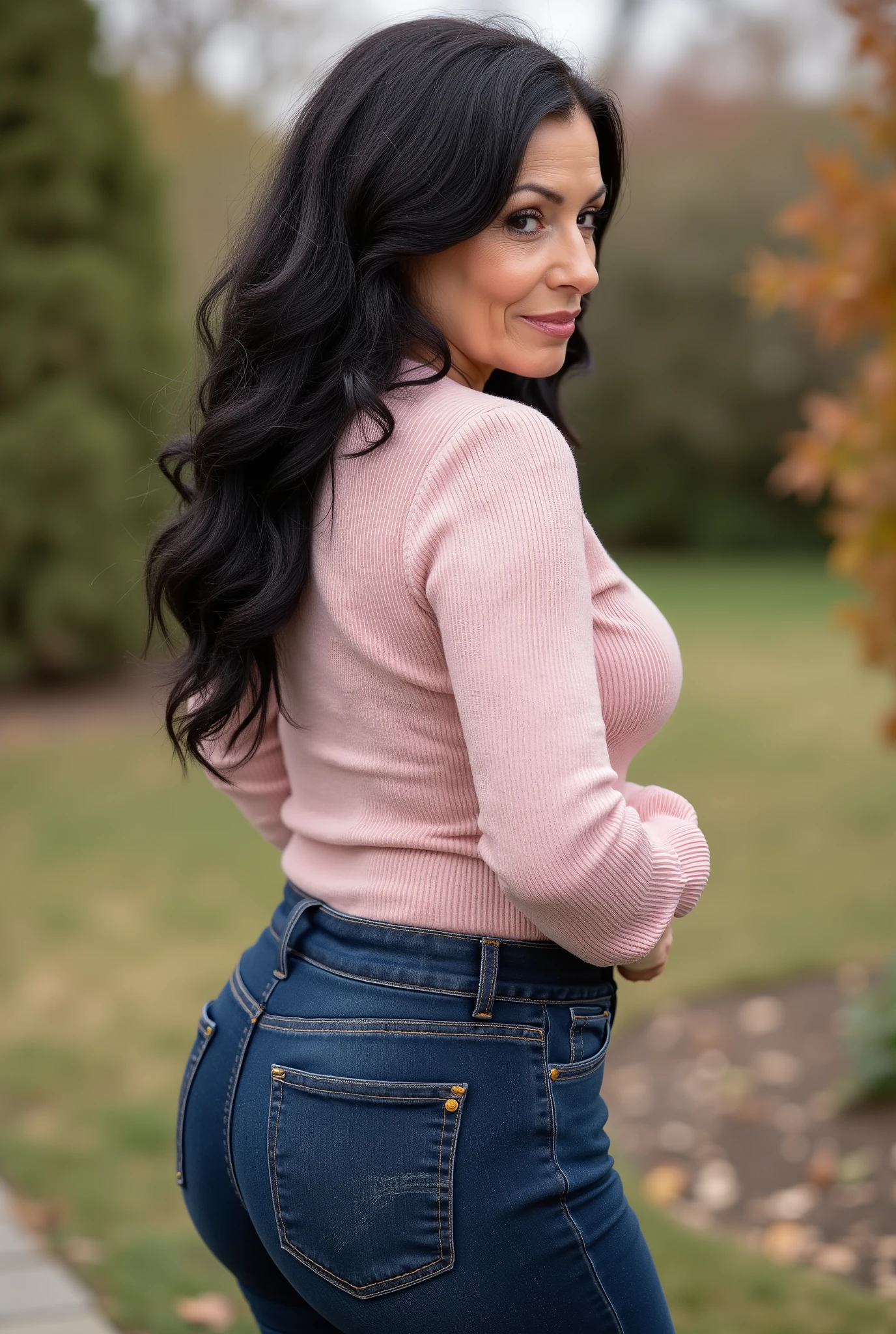 hyperrealistic full-body true rear portrait of mature European woman with unmistakable mom presence captured directly with perfect vertical alignment, long dark wavy hair with natural texture variation gathered and secured with dark blue plastic claw clip allowing elegant tendrils to escape framing neck area, head turned precisely at 45-degree angle over right shoulder revealing partial profile with graceful mature beauty showing refined features and subtle signs of aging adding character, wearing ultra-skinny dark blue jeans with exceptional second-skin fit containing high elastane percentage creating perfect fabric tension across wide pear-shaped with characteristic pocket placement highlighting wide hip structure contrasting dramatically with notably slim waist, pronounced hourglass body shape with significant proportional difference between hip and waist measurements creating classical feminine silhouette, pale pastel rose form-fitting knit sweater with authentic textile weave showing subtle ribbing pattern at cuffs and hemline, deliberately tucked slightly into waistband at back creating emphasis on waistline and enhancing natural curves, standing with weight slightly shifted to one leg creating subtle natural asymmetry in quiet secluded backyard area with minimal landscaping elements, soft blurred background with muted autumn foliage creating professional bokeh effect enhancing subject isolation, captured in diffused overcast autumn daylight creating even illumination with subtle directional quality, cinematic ultra-detailed 8k photography style with perfect technical execution