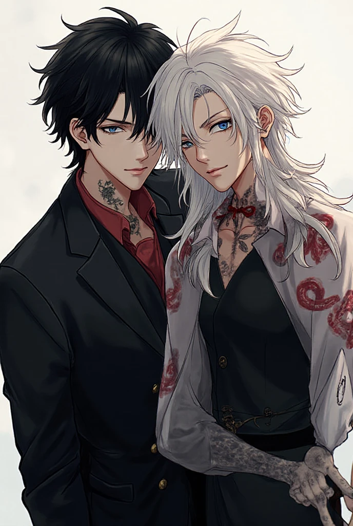 Ultra detailed, Highres, absurdres, HDR, white hair with bangs, Gojou Satoru, blue eyes, black gloves, Fushiguro Megumi, black hair, green eyes, black long coat,  chest, prince cool clothes, 2 man together, gay couple, moon, window, roses, handsome, jujutsu kaisen, chains