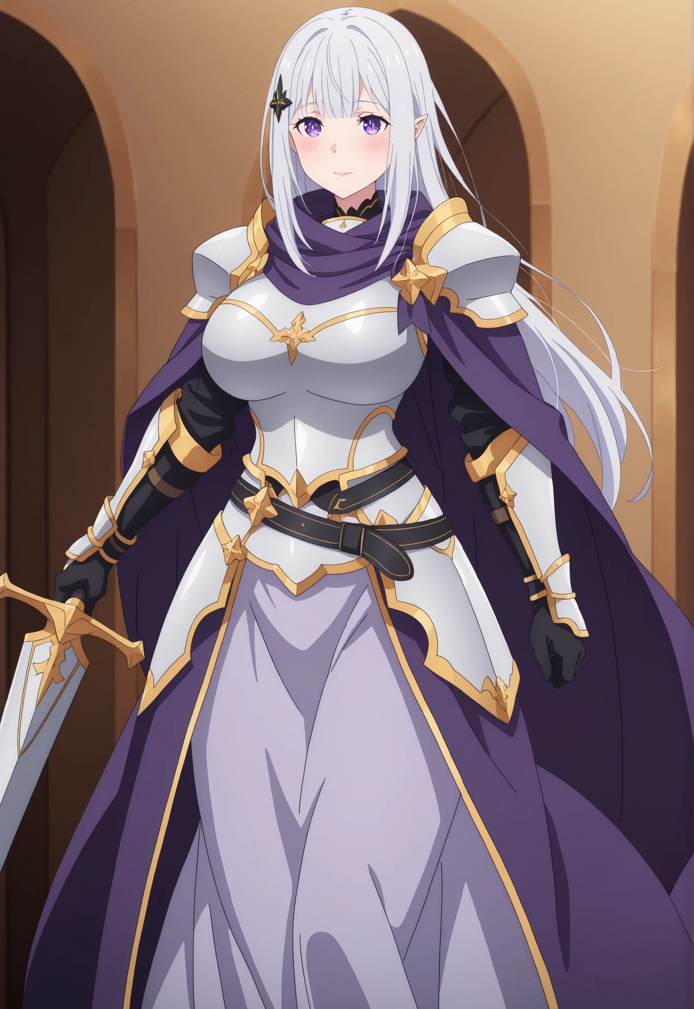 newest , masterpiece , anime screencap , anime coloring , adult ReZero, Solo, long dress, Satella, Anime, 1girl, Mature Female, pointy ears, hair ornament, blush, silver hair, long hair, closed mouth, light smile, lips, purple eyes, big breasts, view detailed body, Curvy, ((knight, armored dress, purple cape, purple armor, pauldrons, gauntlets, black gloves, black belt, faulds, long skirt, purple skirt,)), (((Sexy,))) big sword, holding weapon,