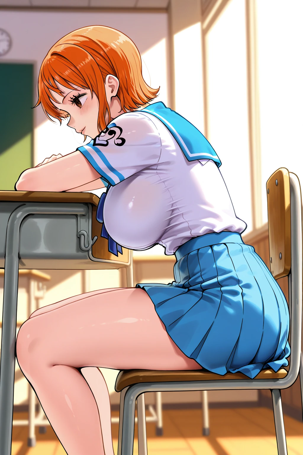 debris flieasterpiece、highest quality、Super detailed、High resolution、High resolution、8K portrait、Unity 8k壁紙のHigh resolutionCG、unity 8k wallpaper、cute:1.5、:1.5、Highly detailed CG unity 8k wallpaper、realistic、real person、cute、 portrait photography、shiny skin、High resolution、Orange bob hair、(16 years old:1.2)、(1 girl)、(classroom:1.6)、(school uniform),perfect face, seriously, (blush:1.5),(((clothing lift:1.5))), (??????????????:0.8),(((I have ???????))) ,Detailed description ??????,show ??????,???????????,spread ,((??????? ??????:1.7))、green rabbit ears ribbon