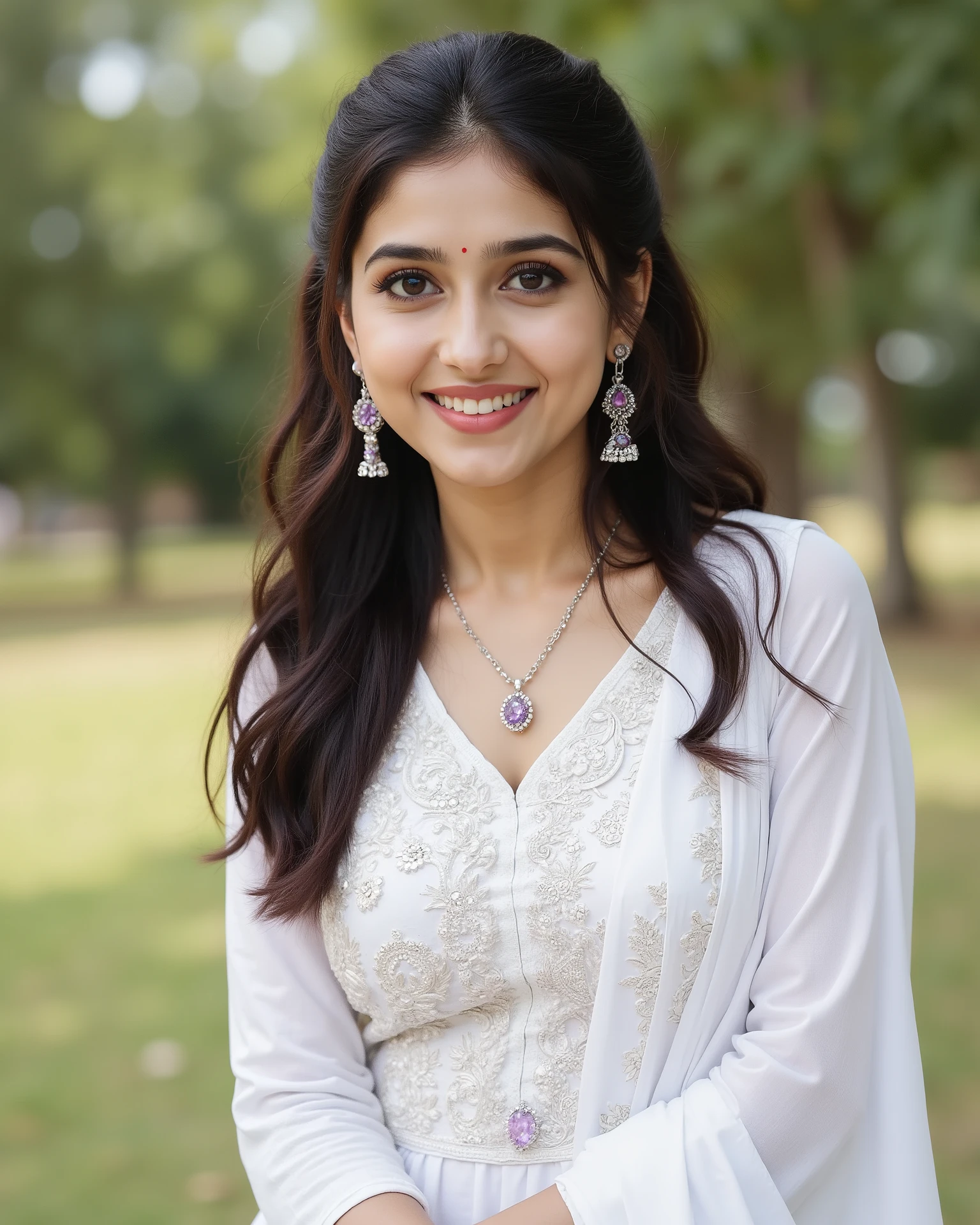 anaswarasdxl, Full body image of an Indian girl with smiling look, fair skin tone, light grey eyes, fox eyelashes, thin eyebrows, black eye liner, silver eyeshadow, natural blush, and red lipstick. Her hairs are long, brown, wavy and stylish. She is wearing a White salwar suit embellished with violet gemstones, a pendant and earrings. She is standing outdoors in an elegant pose. Photorealistic, ultra realistic, detailed skin, soft lighting, ultra-detailed textures, 8K resolution, masterpiece.