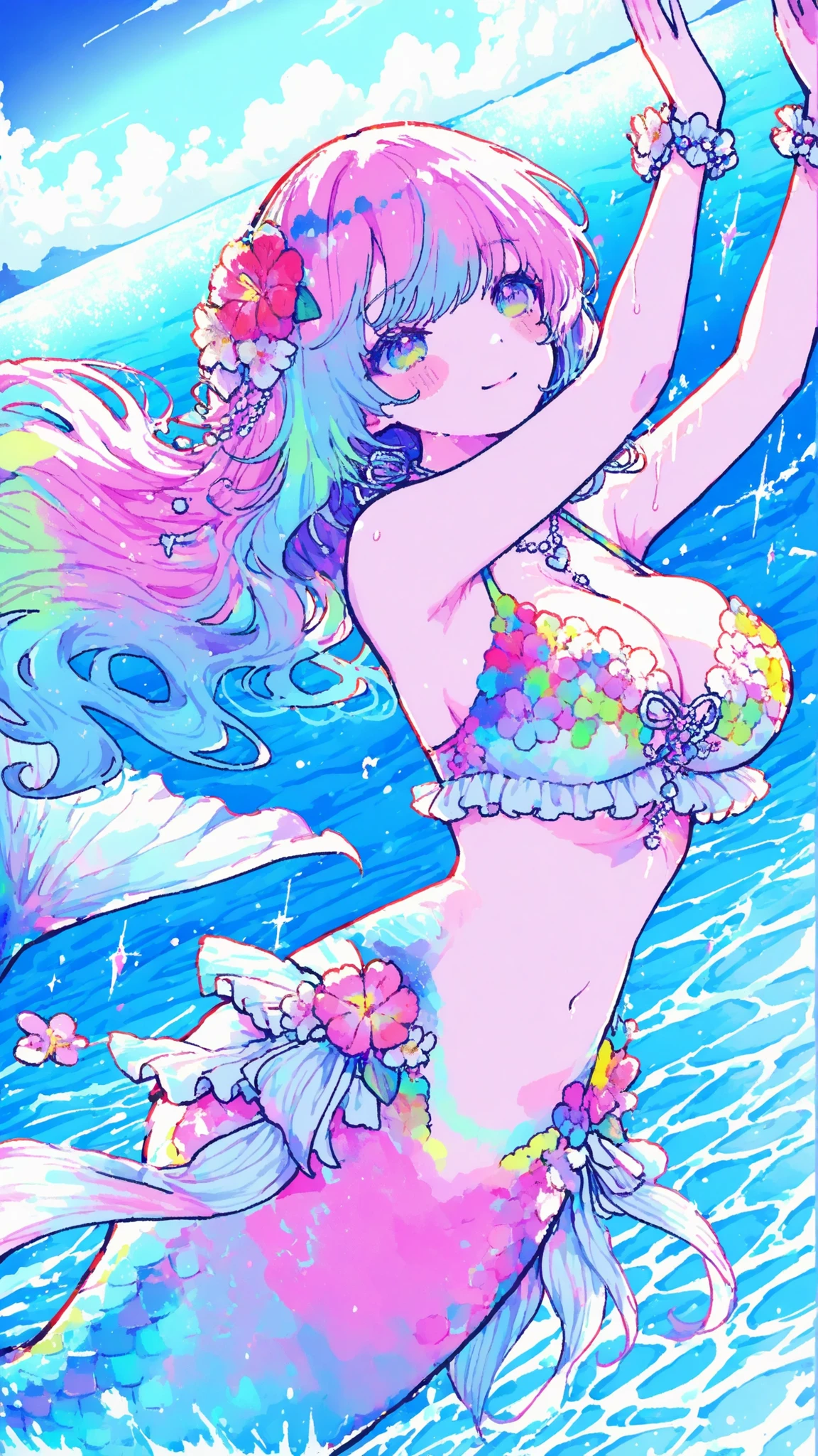 mermaid,in the ocean, dance,grace,womanhood,1girl,,,swimsuit,BIG BREASTS,sexy,colorful,acrobat,action,dynamic,anime,masterpiece,Highest Quality,Great Quality,Extremely Beautiful,Newest,