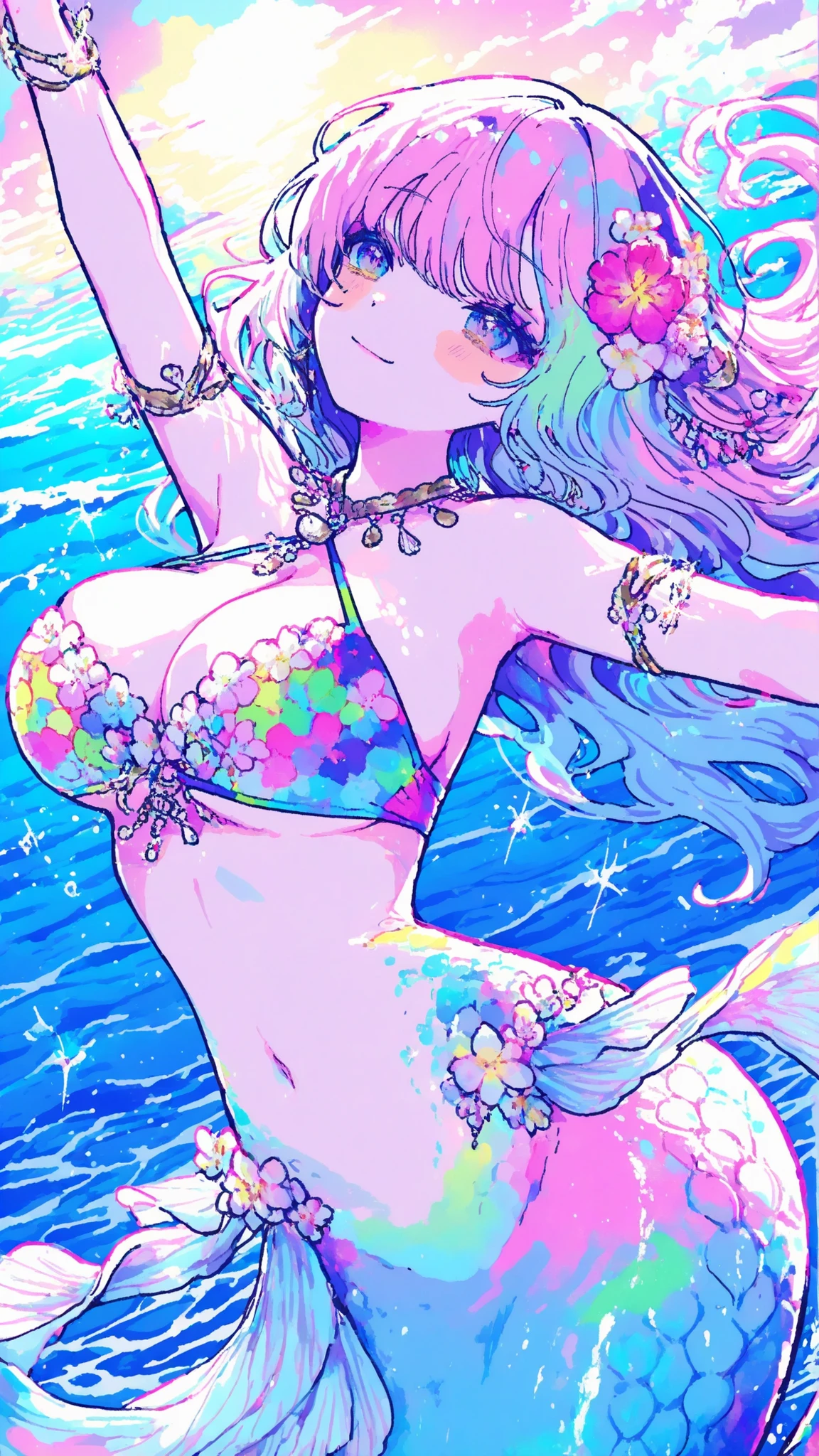 mermaid,in the ocean, dance,grace,womanhood,1girl,,,swimsuit,BIG BREASTS,sexy,colorful,acrobat,action,dynamic,anime,masterpiece,Highest Quality,Great Quality,Extremely Beautiful,Newest,