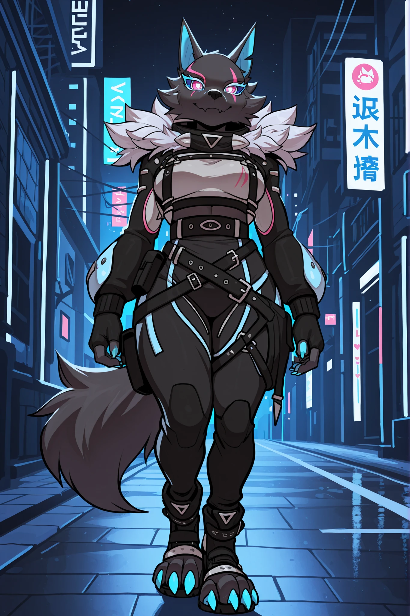 (solo), masterpiece, best quality, clean line art, highres, extremely detailed eyes, perfect eyes, detailed line art, intricate details, ultra-detailed, sharp focus, perfect, full body picture, centered, 1girl, highwire_pack_leader_illust, fur_trim_(clothing), clothing, black_fur, streetwear, techwear, clothed, belt, furry, anthro, (digitigrade legs), digitigrade feet, digitigrade boots, wolf tail, clawed boots, blue claws, boots with straps, (four claws on feet), , standing in a futuristic city, at night, dark background,