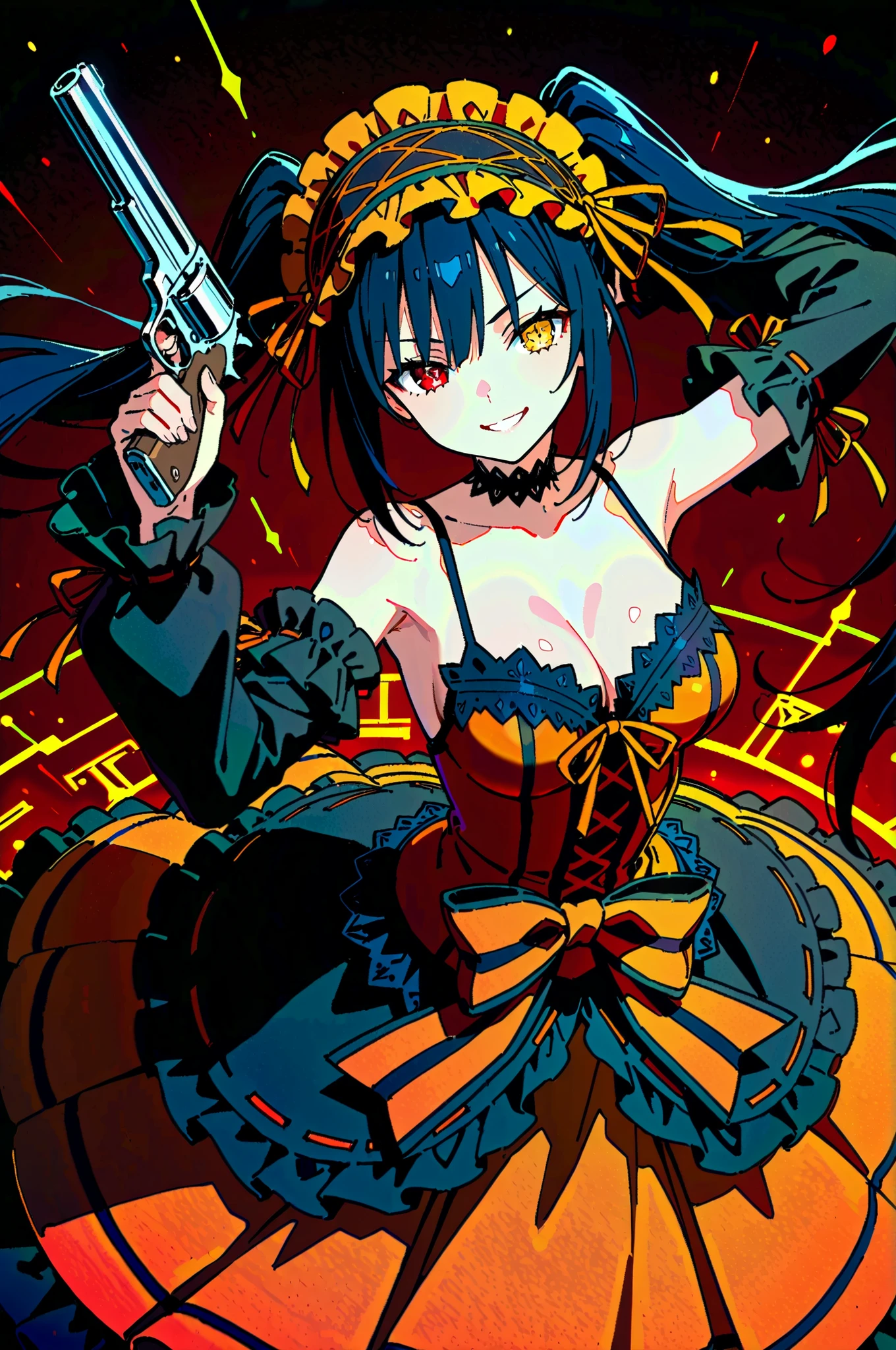 1girl,armpits,black_choker,black_hair,black_sleeves,breasts,choker,cleavage,clock_eyes,collarbone,date_a_live,detached_sleeves,dress,floating_hair,frilled_dress,frills,grin,gun,hairband,heterochromia,holding,holding_gun,holding_weapon,lolita_hairband,long_hair,long_sleeves,medium_breasts,peso_\(honopesopeso\),red_dress,red_eyes,red_ribbon,ribbon,sleeveless,sleeveless_dress,sleeves_past_wrists,smile,solo,spaghetti_strap,standing,symbol-shaped_pupils,tokisaki_kurumi,twintails,very_long_hair,weapon,yellow_eyes