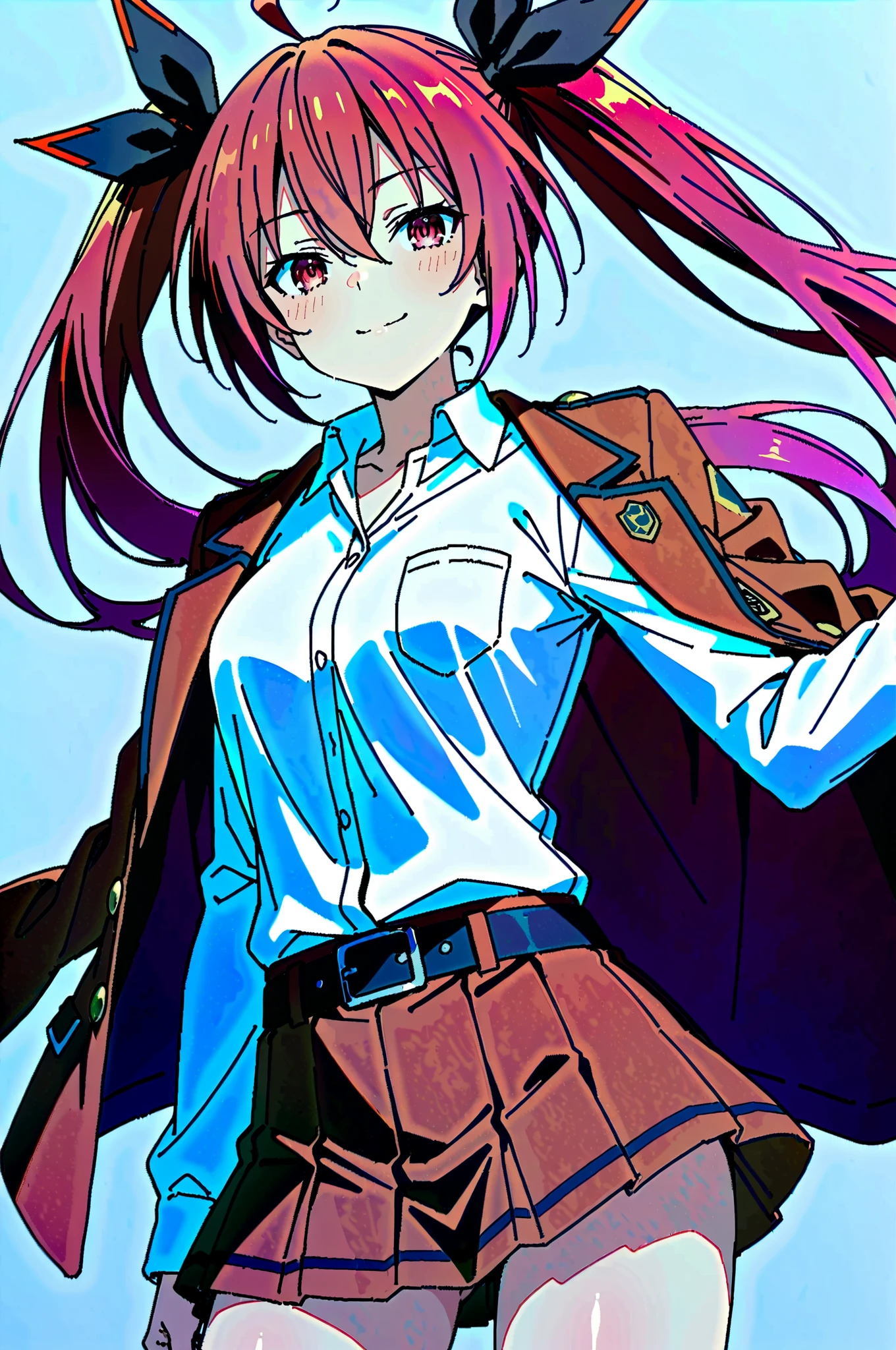 1girl,absurdres,ahoge,belt,belt_buckle,black_belt,black_bow,blush,bow,breast_pocket,buckle,closed_mouth,collared_shirt,cowboy_shot,date_a_live,dress_shirt,floating_hair,grey_background,hair_between_eyes,hair_bow,highres,itsuka_kotori,jacket,jacket_on_shoulders,long_hair,long_sleeves,looking_at_viewer,miniskirt,nishizuki_shino,object_in_pocket,open_clothes,open_jacket,parted_lips,pen_in_pocket,pleated_skirt,pocket,red_eyes,red_hair,red_jacket,red_skirt,shirt,simple_background,skirt,smile,solo,standing,twintails,very_long_hair,white_shirt,wing_collar