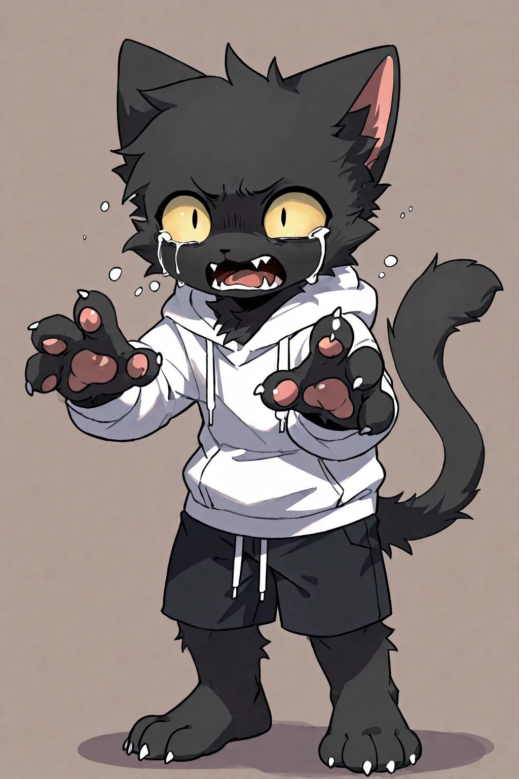 1boy, black cat boy, black fur, furry,super deformed,a young beast man with outstretched body and black cat ears and cat tail, white hoodie,black shorts,Barefoot,simple background,Half crying,see here,desperate expression,begging,