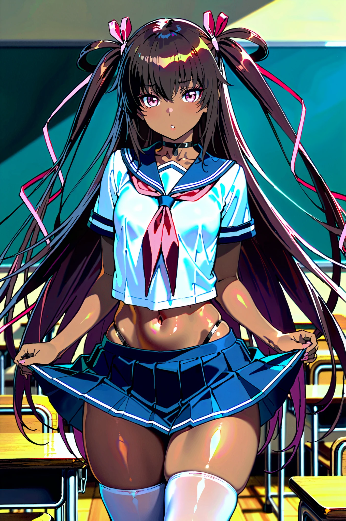 score_9, score_8_up, score_7_up, professional anime, HD, 8k, dynamic shading, masterpiece, color balance, dynamic contrast, details in the image, best quality, amazing quality, master piece, anime, HD, masterpiece, best quality, amazing quality, newest, absurdres, solo, (1girl, solo), (source: taimanin kessen arena), (aoi nagisa\(metalder\), addmicrodetails, mizuki yukikaze, pink eyes, tan, very long hair, small breasts, wide hips, thick thighs, serafuku, sailor collar, pleated mini skirt, white thighhighs, skindentation, classroom