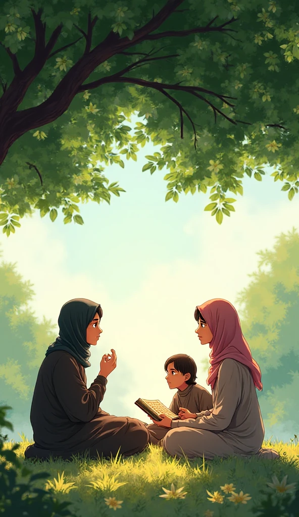 Muslim couple sitting under tree reading book.