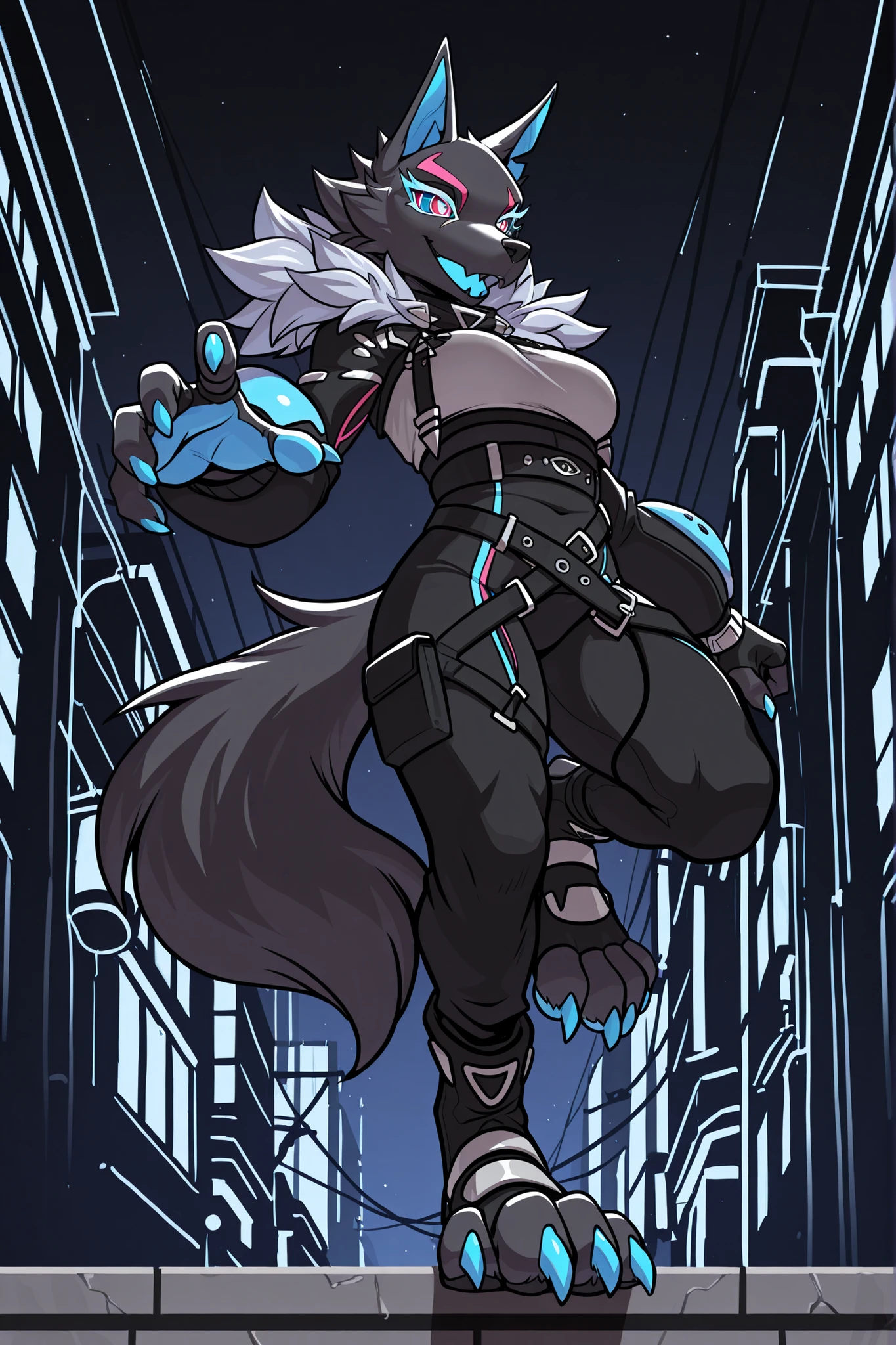(solo), masterpiece, best quality, clean line art, highres, extremely detailed eyes, perfect eyes, detailed line art, intricate details, ultra-detailed, sharp focus, perfect, full body picture, centered, 1girl, highwire_pack_leader_illust, fur_trim_(clothing), clothing, black_fur, streetwear, techwear, clothed, belt, furry, anthro, (digitigrade legs), digitigrade feet, digitigrade boots, wolf tail, clawed boots, blue claws, boots with straps, (four claws on feet), , in a futuristic city, at night, dark background, (dynamic pose),