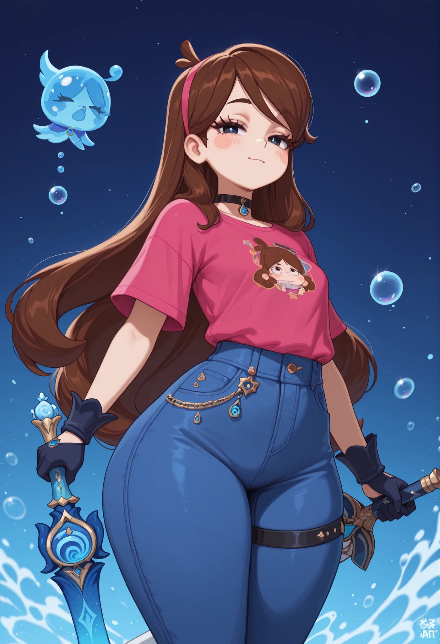 Mabel Pines, blush stickers, brown hair. black eyes. half-closed eyes, small breasts, huge hips. long eyelashes, choker. | masterpiece, best quality, splash_art, 1girl, (furina \(genshin impact\):1.2), weapon, hydro_element, solo, bubble, holding, holding weapon, sword, gloves , jeans, tshirt