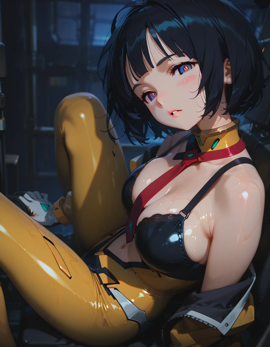 {1 woman},masutepiece++, Best Quality++, Ultra-detailed+, 超A high resolution,(Photorealistic:1.4),Yol Forger, (spy x family)Raw photo,(Yol Forger)+,(Yol Forger)+, (spy x family) deadpan, Black hair,Red Eyes，,鎖骨, side locks, white hairband, earrings, Short hair((Girl in black latex full body suit 1.6)),very aesthetic, Best Quality, 不条reason, Brainwashed,}}}} Empty eyes,(Opening legs）、Ultra-detailed細な8Kんで cg、BDSM、huge-breasted、Perfect female body、Operating table、reason, Brainwashed,}}}} Empty eyes, Red glowing eyes , ((Colossal ：1.1)), The shape of  is clearly visible、(The shape of the pubic area is clearly visible))、Brainwashed）、（、Cyberpunk operating room、、A video of the surgery will be displayed on the screen..、（(Tighter constraints)）、(Plus Code Model)、Clear focus、Very detailed face and skin texture，Spread your knees apart，（（low angles）