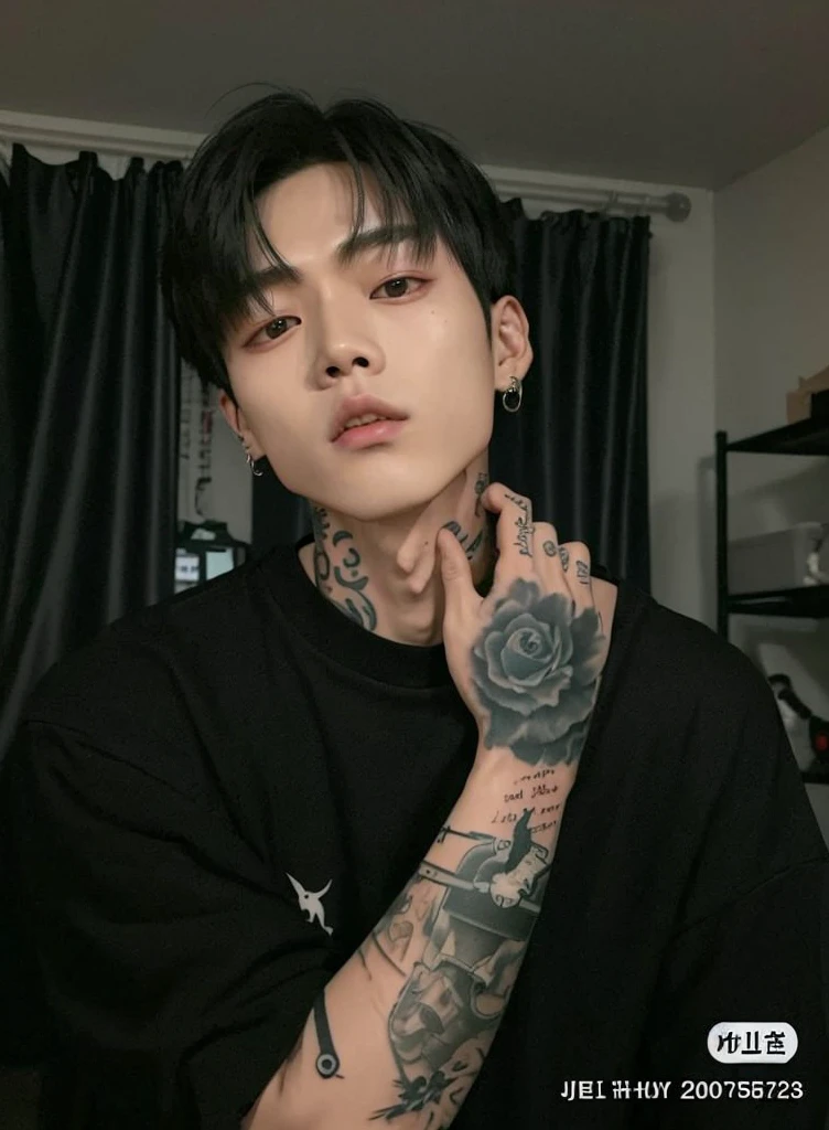A closeup of a person with a tattoo on their arm, pale korean face, Jinyoung Shin, Kim Doyoung, TaeJune Kim, Jung Jaehyun, Hyung Tae, sometimes ulzzang, Jimin\his right eyelid is swollen, Korean artist, jinyoung blackhead aesthetic, jossi de blackpink, hong june hyung, 1 7-year-old boy with a thin face, bts kim taehyung 