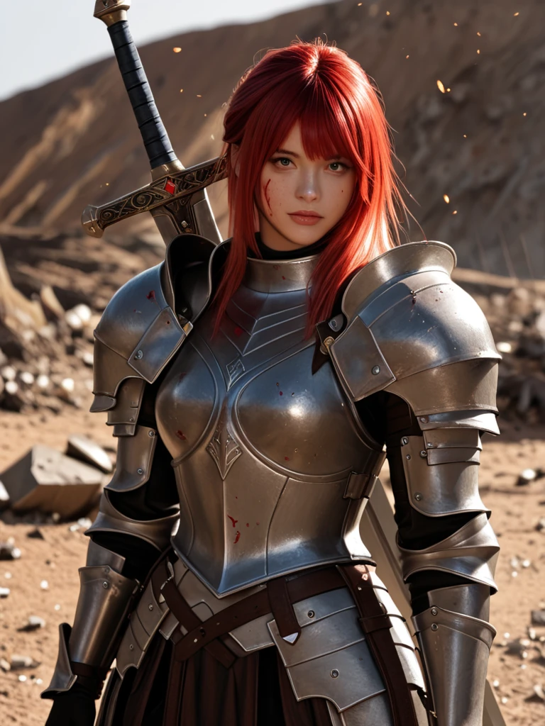 masterpiece, best quality, highres, erza scarlet, fairy tail, smile, long hair , red hair , ponytail , white ribbon , hair over one eye , brown eyes ,  , collarbone ,  black bodice, breastplate with dragon motif, waist-guard, gauntlets, thigh-highs, decorated leg plates , brown elbow-pads, sunglasses, walking, holding weapon , broad sword , standing outside cottage, beautiful valley, cowboy shot,  looking at viewer, masterpiece,stunning girlfriend, heart shaped face, elegant face, beautiful face, highly detailed face, highly detailed skin, skin pores, subsurface scattering, realistic pupils, looking at viewer, full lips, detailed background, depth of field, atmospheric perspective, volumetric lighting, sharp focus, absurdres, realistic proportions, good , (realistic, hyperrealistic:1.4), 16k hdr,