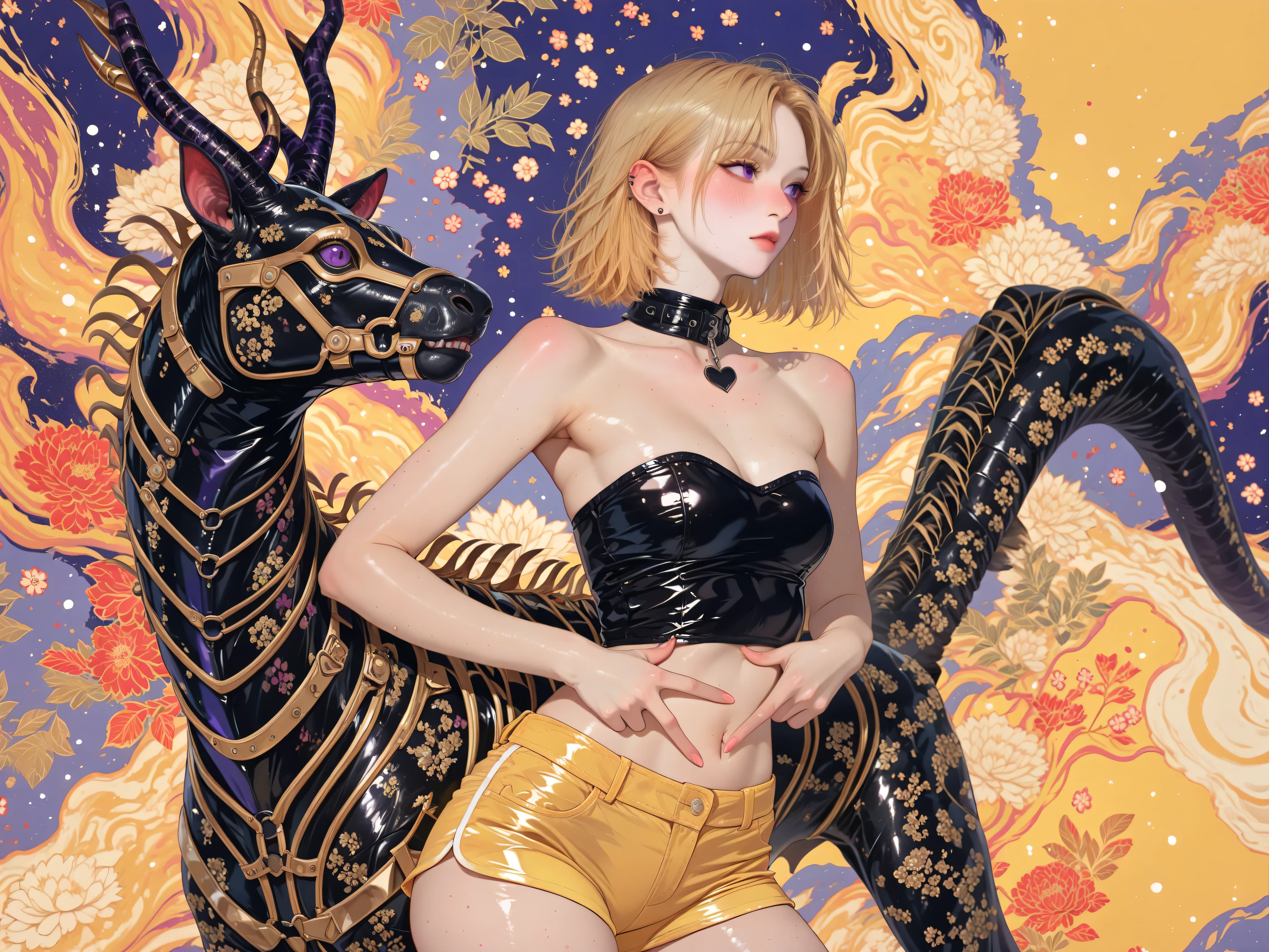 babe,miaomiao_liulifa,,Goth_EGirl,Wildlife, ((Best resolution)), ((high quality:1.2)), Work of art, 8k, extremely detailed, ((High detail:1.2)), Solo, asian girl, (yellow mini-shorts, crop strapless), (beautiful perfect face:1.23), Kizi，(eyes looking off to side), Highly detailed, Amazing work，Vitreous luster, blues, yellows, Best quality at best，shiny skin, no background, colorful background, purple background, yellow background, background, metallic purple, sexy pose, dynamic pose, heavy blushing, small breasts, yellow hair, purple eyes, 