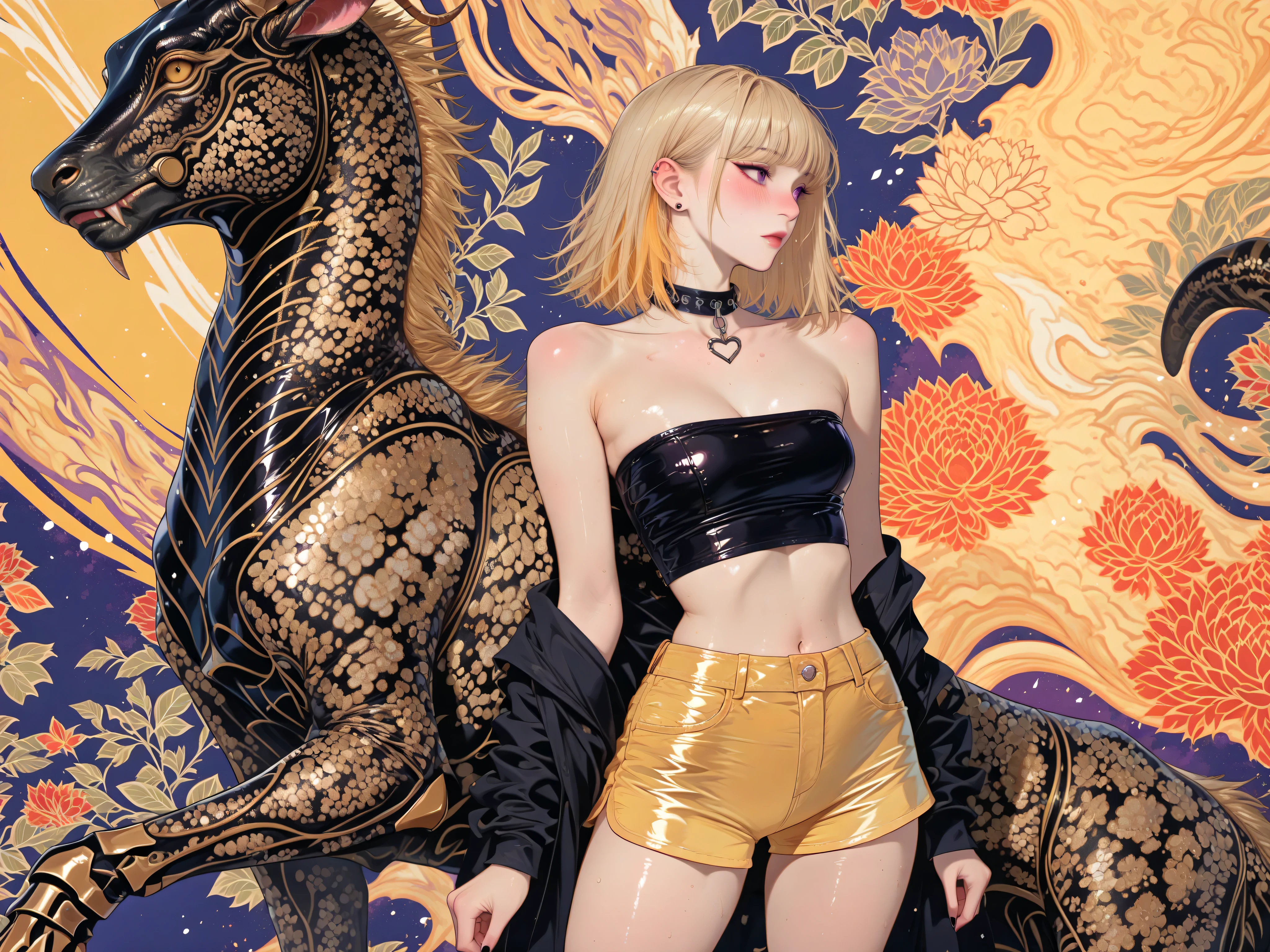 babe,miaomiao_liulifa,,Goth_EGirl,Wildlife, ((Best resolution)), ((high quality:1.2)), Work of art, 8k, extremely detailed, ((High detail:1.2)), Solo, asian girl, (yellow mini-shorts, crop strapless), (beautiful perfect face:1.23), Kizi，(eyes looking off to side), Highly detailed, Amazing work，Vitreous luster, blues, yellows, Best quality at best，shiny skin, no background, colorful background, purple background, yellow background, background, metallic purple, sexy pose, dynamic pose, heavy blushing, small breasts, yellow hair, purple eyes, 